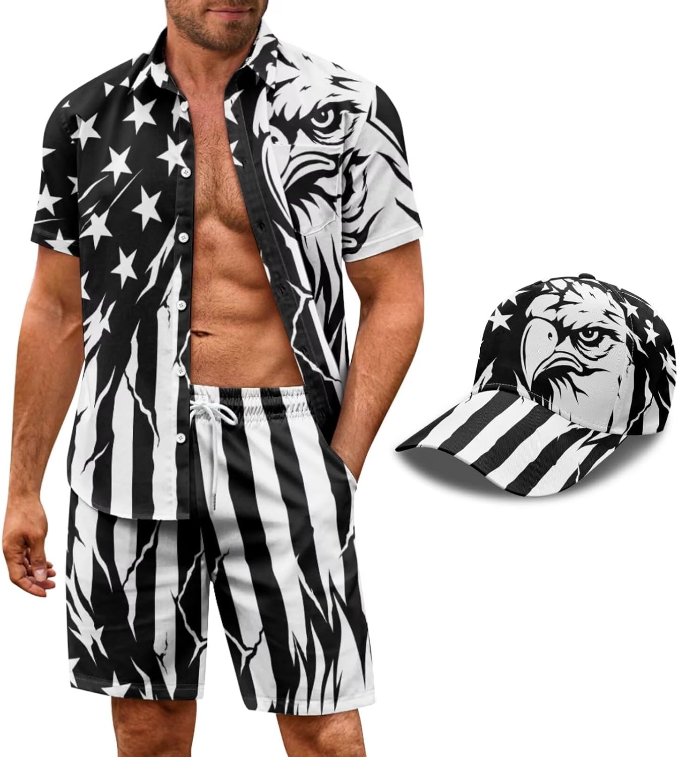 Mens 2Piece Patriotic Outfit Shorts Sleeve Shirts and Shorts,4th of July Anniversary Tracksuit with Hats,S-3XL