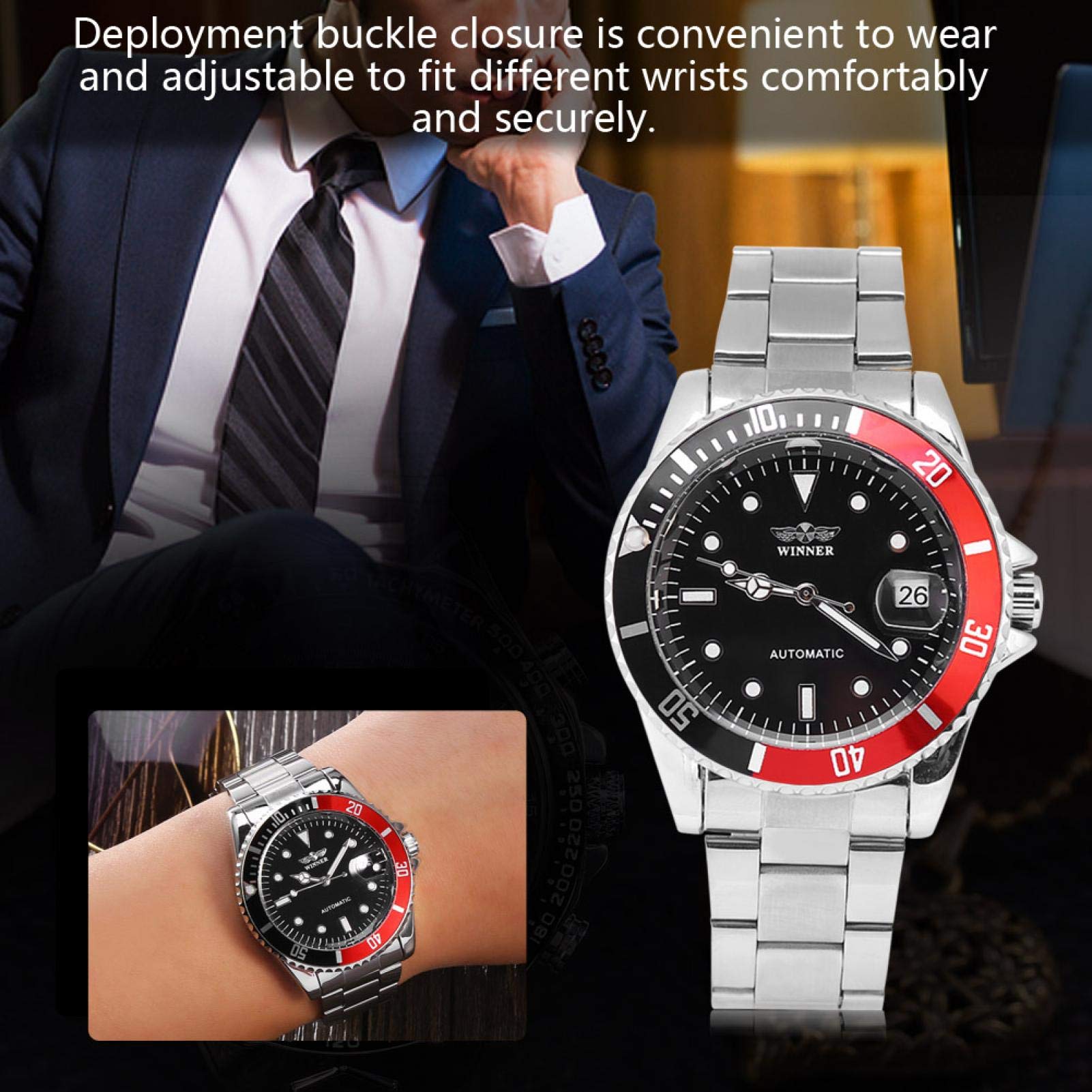 Rot Schwarz Silber Automatische Herrenuhr für Sport und Business mit Edelstahl Armband
