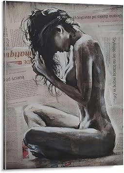 Sexy Woman Body Painting on Canvas Poster Newspaper Background Black White Sketch Modern Portrait Elegant Beauty Decor Dining Room Decor, Bedroom Art, Wall Decor Living Room,Frameless 12x16inch