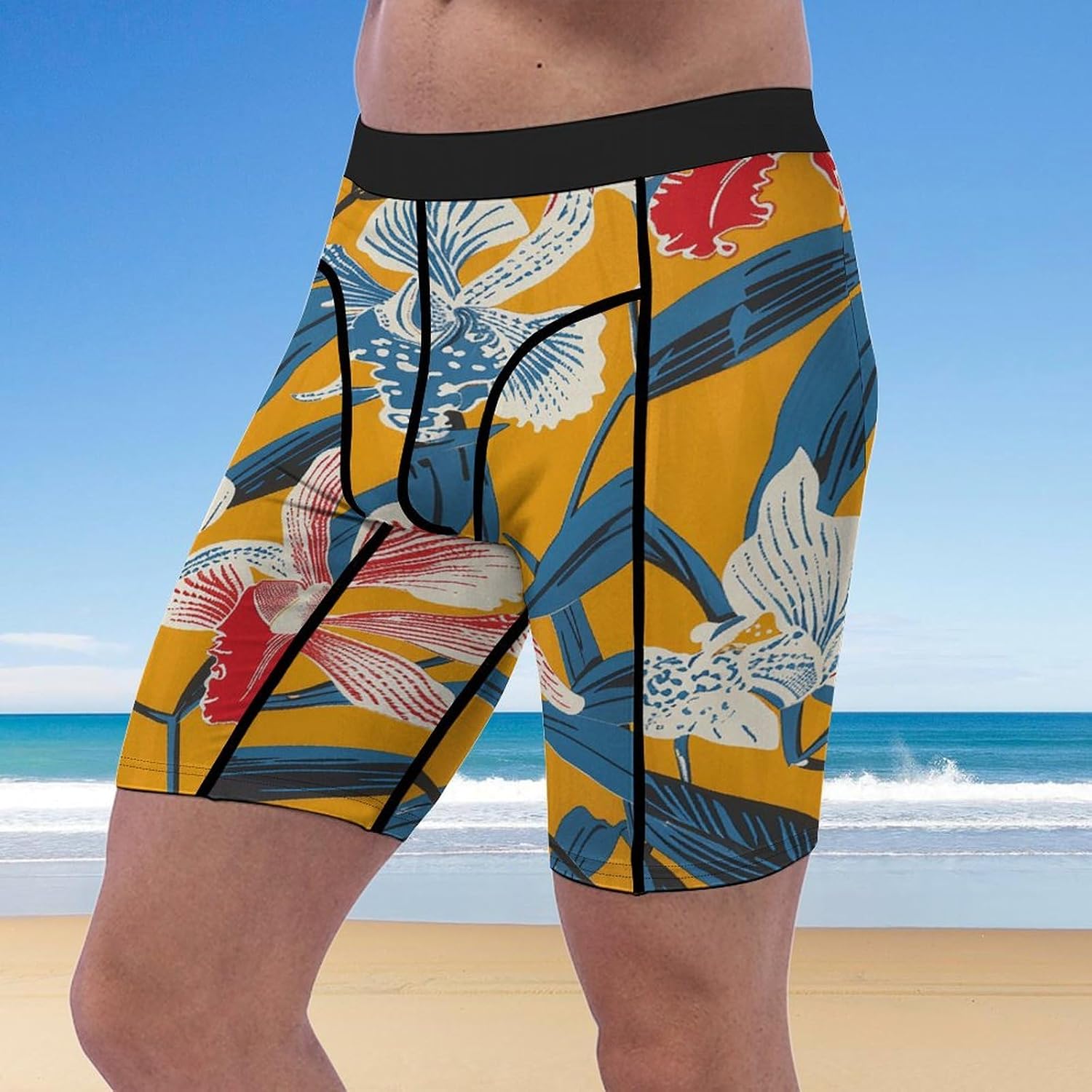 Mustard Yellow Pattern Compression Shorts Men Spandex Sport Shorts Workout Performance Baselayer Underwear