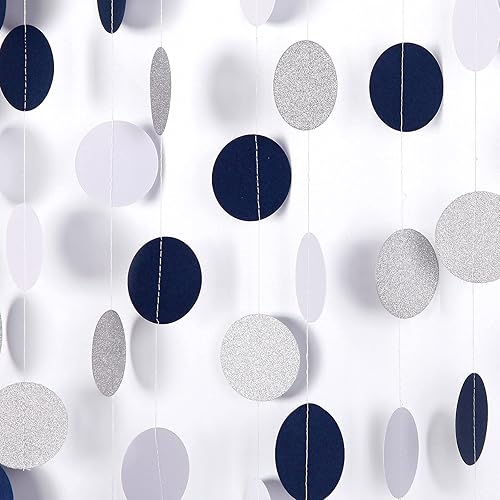 Miniatura 6 de Guirnalda de papel azul marino, blanco y plateado, decoración colgante de revelación de género de 52 pies, banderín de graduación, compromiso, Azul