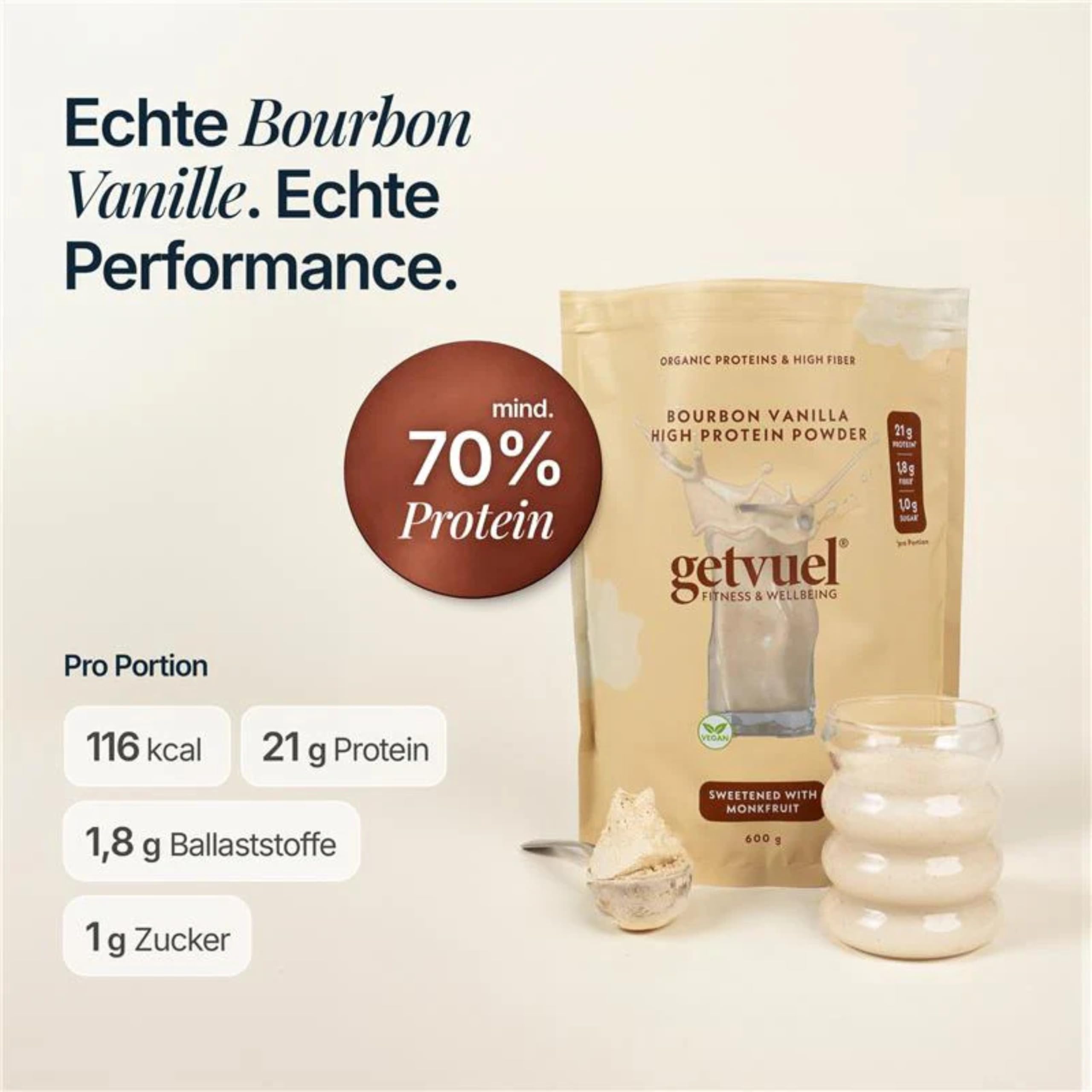 High Protein Powder Bourbon Vanilla – 600g | 21g pflanzliches Protein | nur 1g Zucker | vegan, glutenfrei | mit echter Bourbon Vanille & Monkfruit | ohne künstliche Aromen