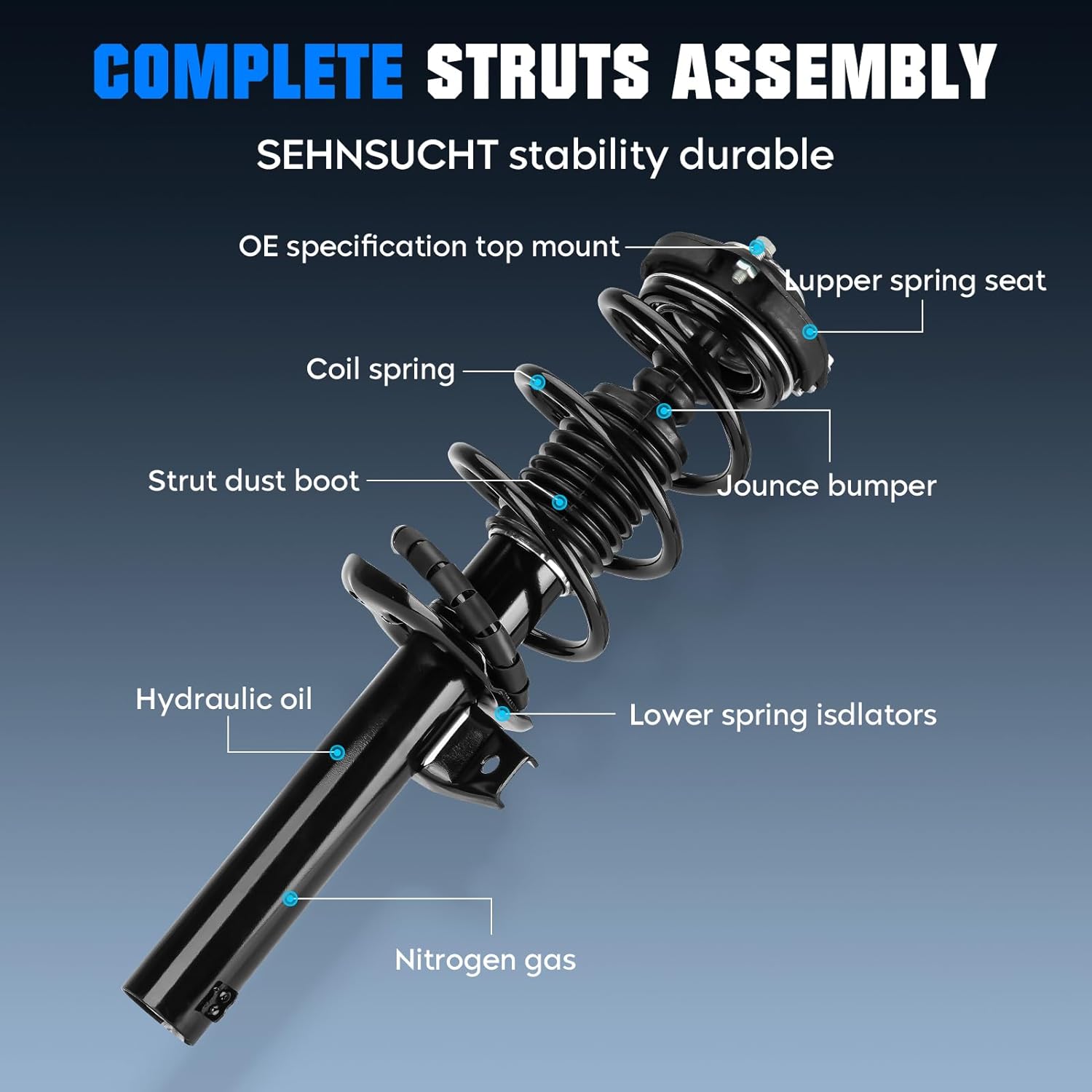 Front and Rear Strut Shock Absorber for VOLKSWAGEN BEETLE 12-17, for EOS 07-11, for Golf 10-14, for JETTA 05-17, Complete Struts Shocks Replace for 172311, 5611(All model Except Sport Suspension）