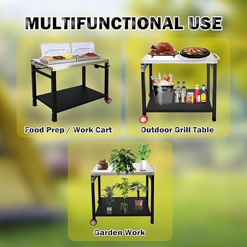 Miniatura 7 de Carrito de parrilla para horno de pizza al aire libre, mesa de comedor con ganchos para ruedas y mango lateral, mesa de cocina móvil al aire libre