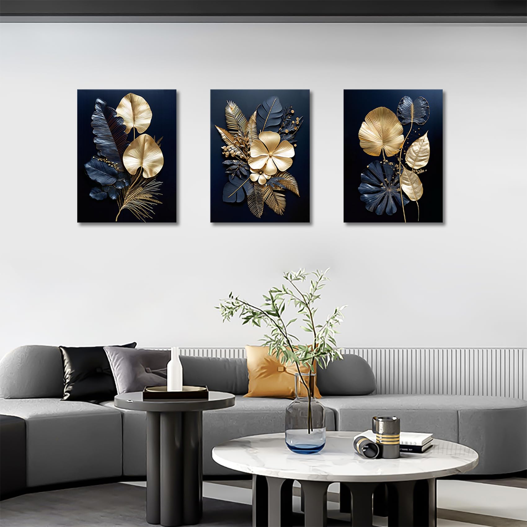 FajerminArt 3 Panels Modern Canvas Wall Art Navy Blue Gold Flowers Coconut Leaves Pictures Painting on Canvas Prints for Living Room Bedroom Office Wall Decoration Stretched On Frame 40x60cmx3Pcs — view 4