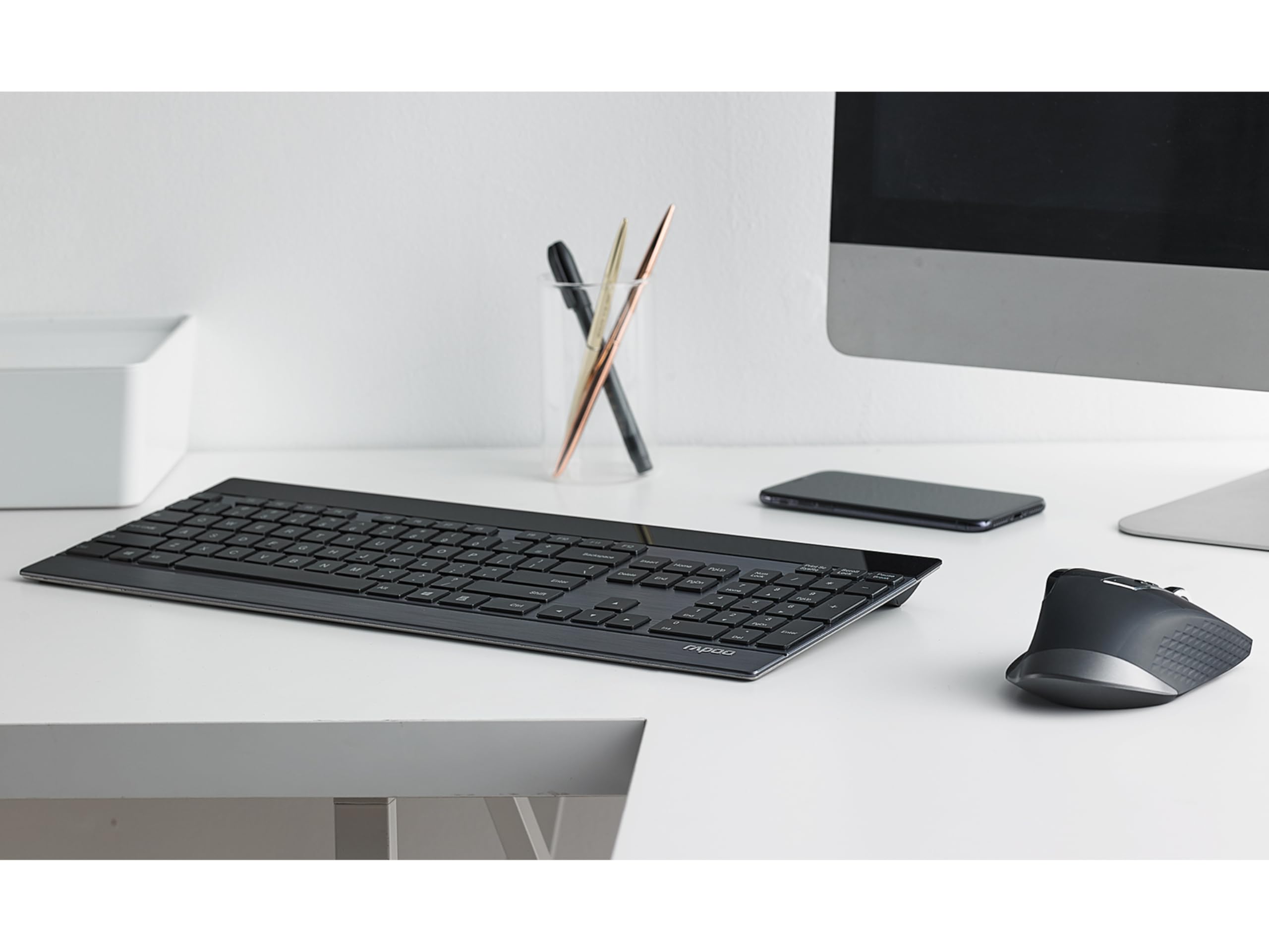 Rapoo 9900M kabelloses Tastatur-Maus Set Wireless Deskset 3200 DPI Sensor wiederaufladbarer Akku flaches Aluminium Design DE-Layout QWERTZ PC & Mac - schwarz