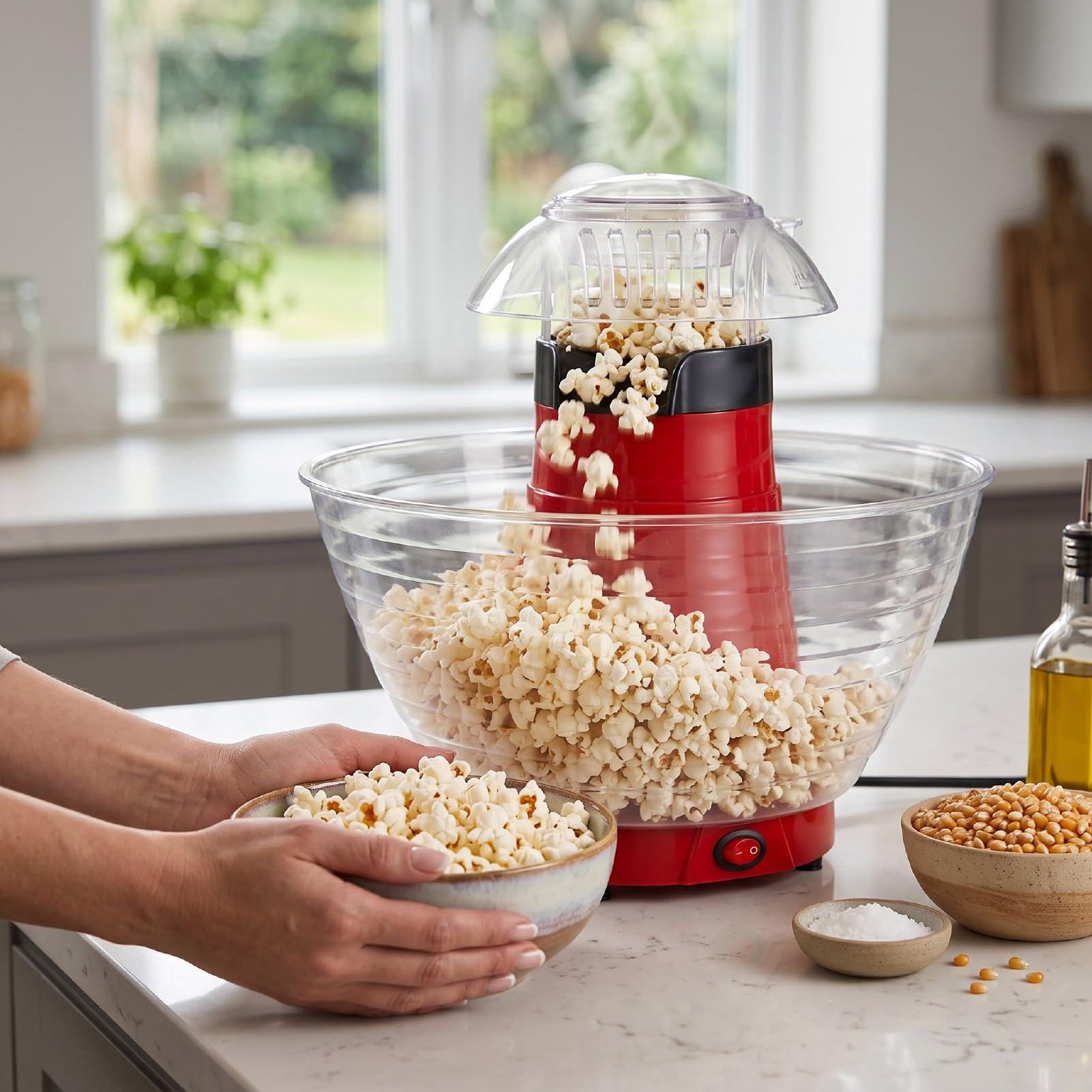 Qcwwy Automatyczna Maszyna do Popcornu z misą | Podwójna warstwa szybkiego ogrzewania, prosta obsługa przyciskiem, łatwe do czyszczenia, kompaktowy rozmiar, na imprezę