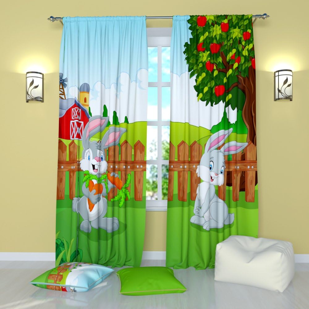 Factory4me Curtains for Kids Room Lovely Rabbits. Window Curtain Set of 2 Panels Each W52 x L96 Total W104 x L96 inches Drapes for Living Room Bedroom Kitchen