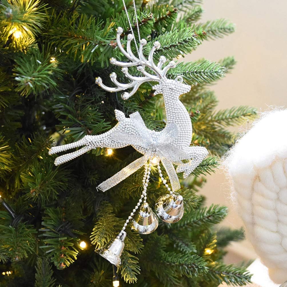 Christmas Glitter Antler Jingle Bells Reindeer Jingle Bells Plated Pendants for Xmas Tree Hanging Ornaments Holiday Decorations Festive Adornments 6Pcs (Silver)