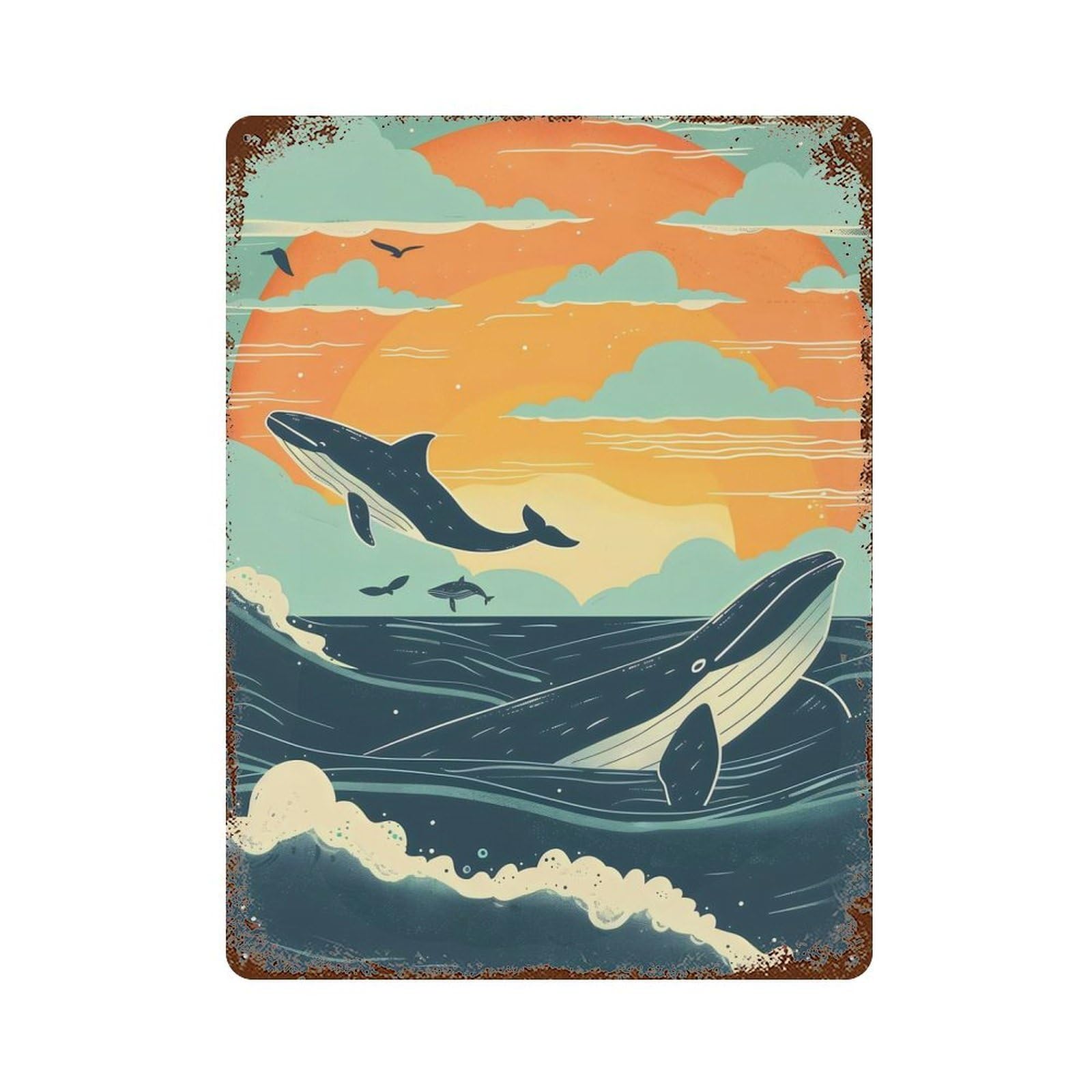 Distressed Metal Wall Sign with Whales at Sunset Design 15.7"x11.8", for Living Room, Hallway And Home Decor, Vintage Wall Decor