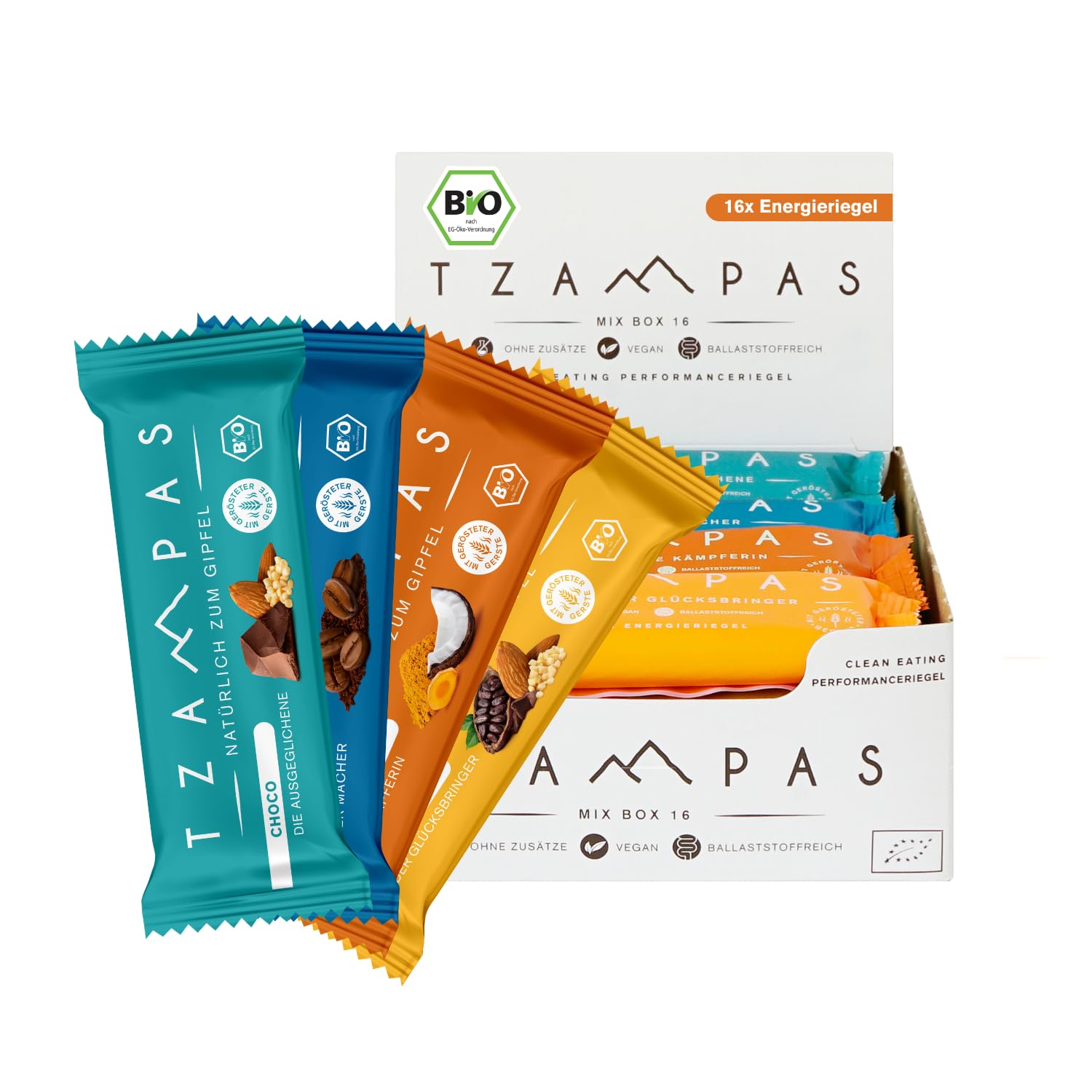Best of TZAMPAS Mix Box Groß (16x40g) - Energieriegel aus gerösteter Gerste in der Snack Box - Power Riegel | Energieriegel geeignet für Radsport und Trailrunning - Bio Riegel vegan & ohne Zusätze