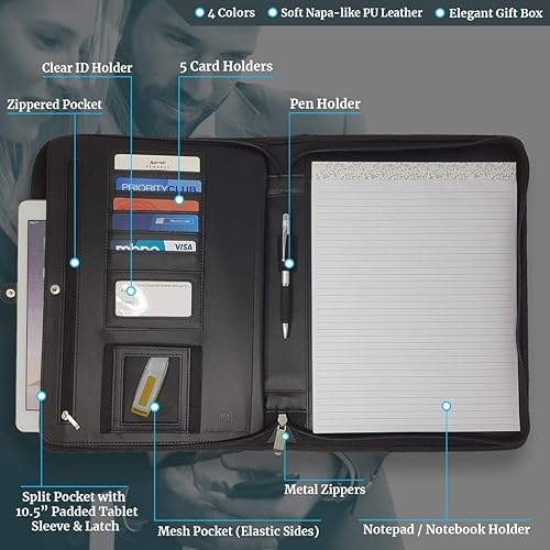 Miniatura 4 de Lautus Designs Portafolio de negocios con cremallera  Carpeta y organizador profesional negro mate con funda para tableta de 10.5 pulgadas y bloc de