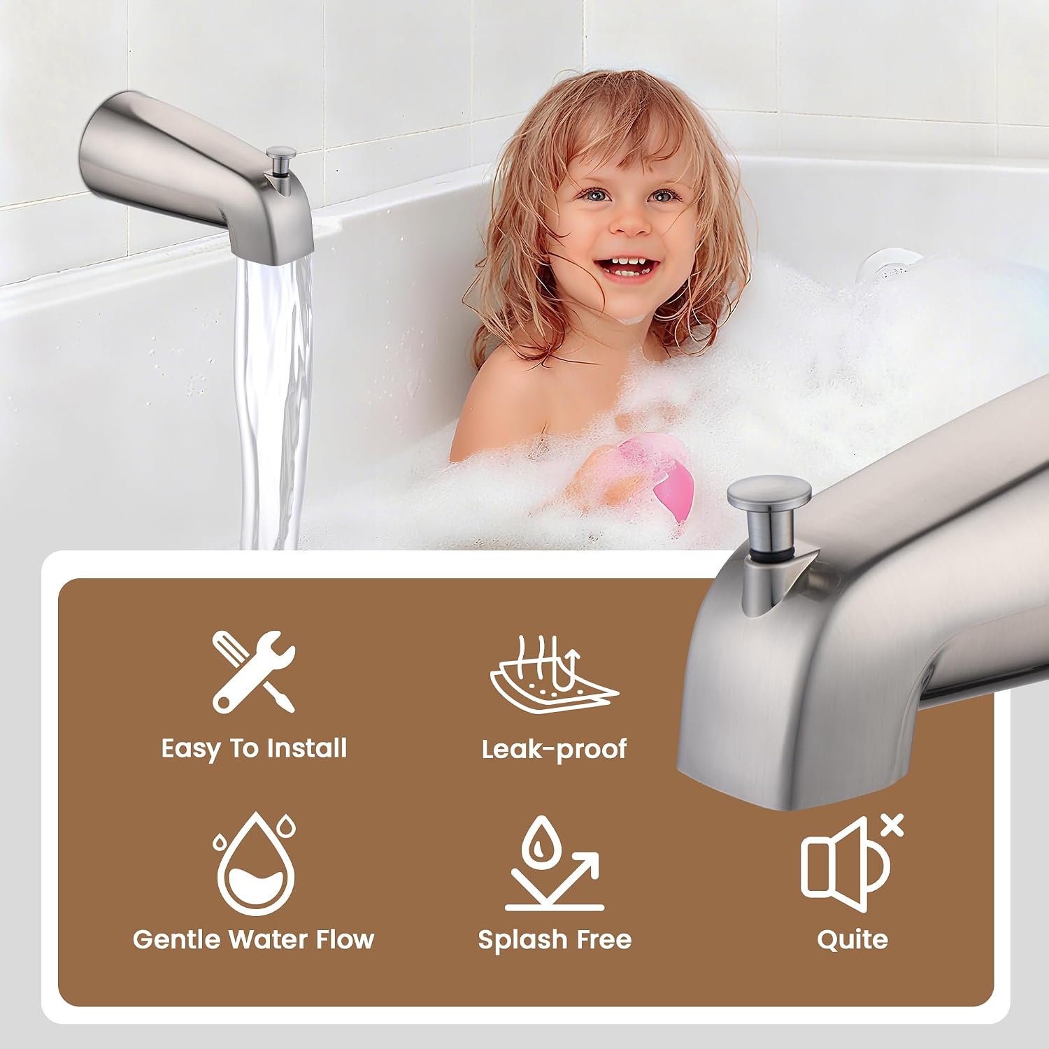 Bath Tub Spout, Plastic Slip-On Wall Front Mount, Fits 1/2'' Copper Pipe (4 Inch Reach), Includes Hex Wrench, Brushed Nickel