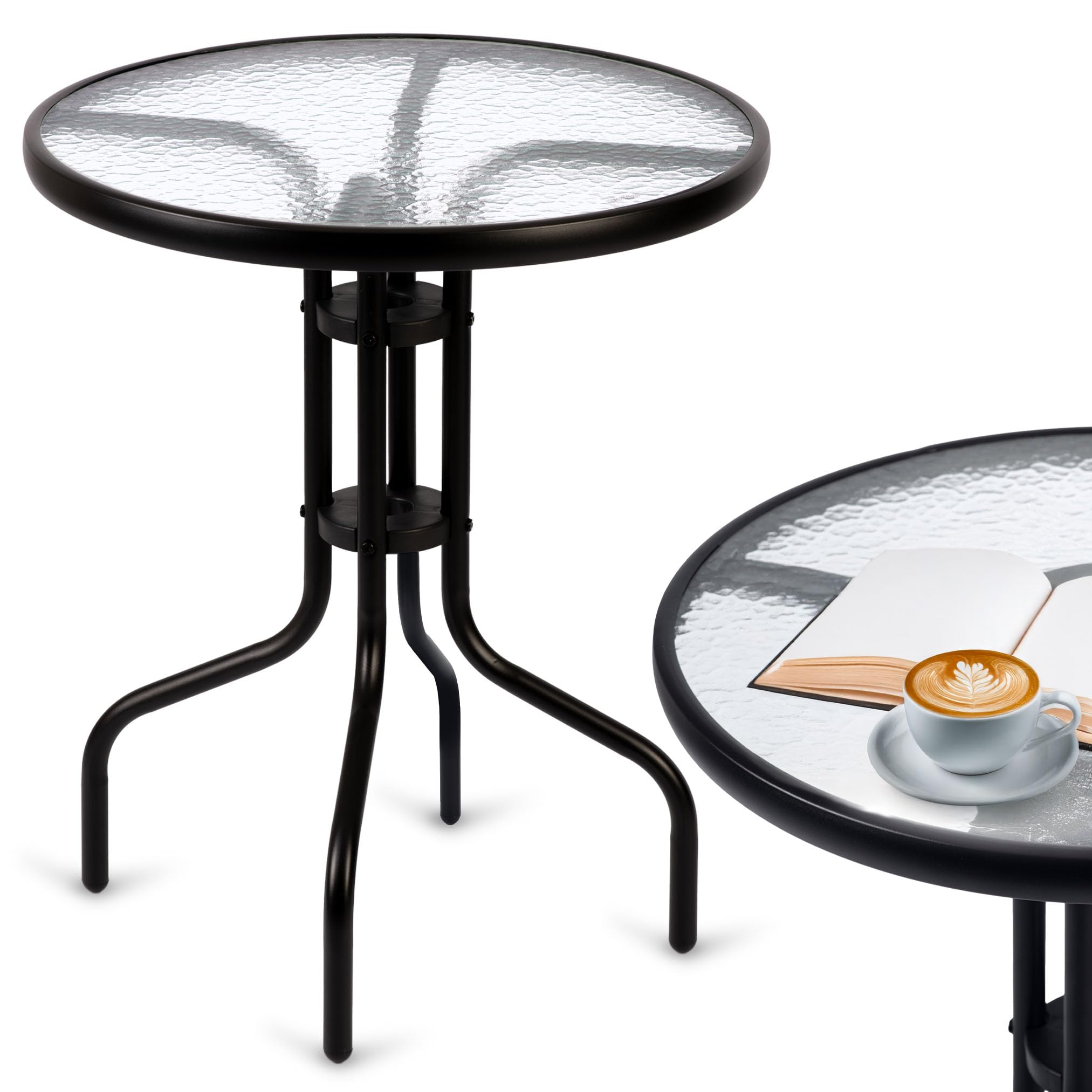 Table de jardin ronde métal noir et plateau verre trempé extérieur
