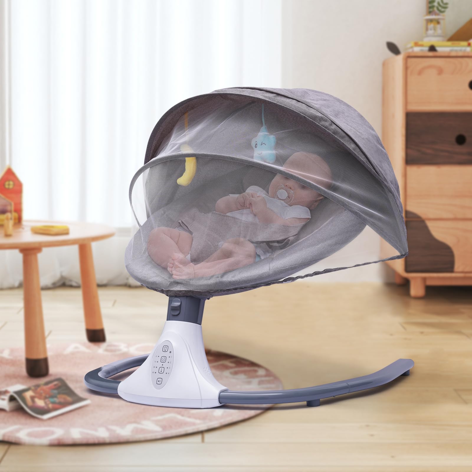 Altalena elettrica per bambini, per interni con baldacchino oscurante, con telecomando, 12 musica Bluetooth, per bambini da 0 a 18 mesi, fino a 44,09 libbre (grigio)