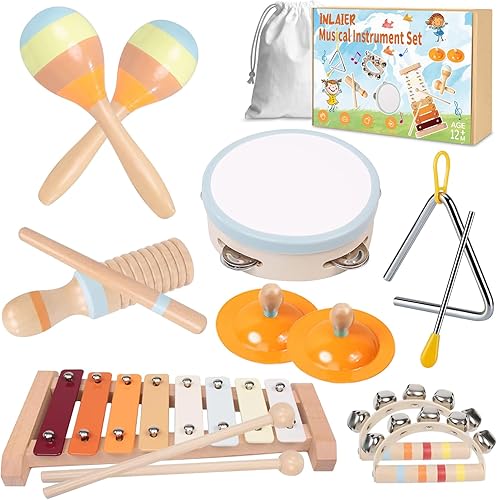 Instrumentos musicales para niños pequeños, juguetes musicales de madera Montessori para bebés de 1 a 3, INLAIER Instrumentos de percusión para