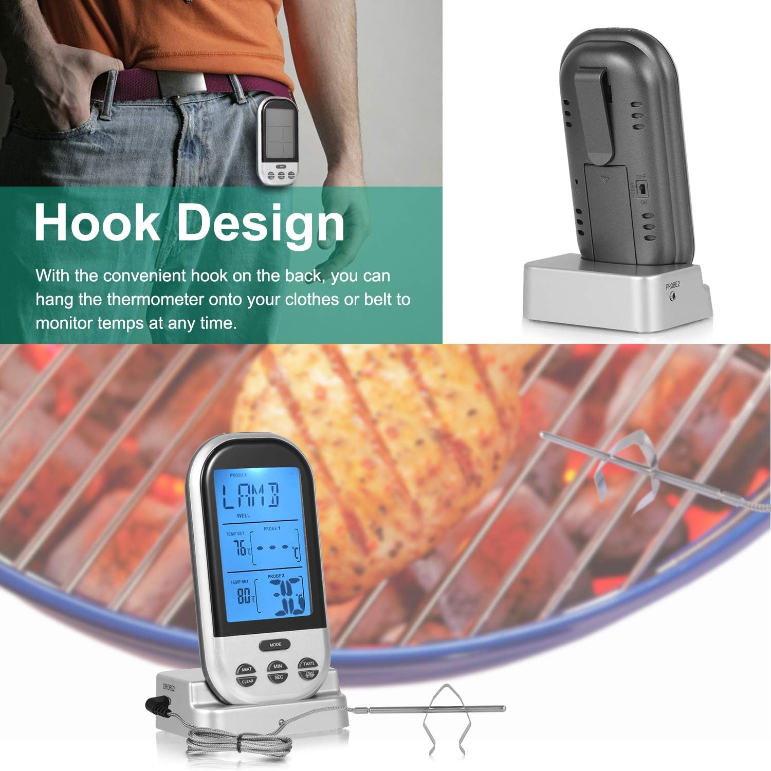 Adoric Wireless Remote Digital Meat Thermometer with Dual Probe for Cooking Smoker Kitchen Oven grilling and BBQ