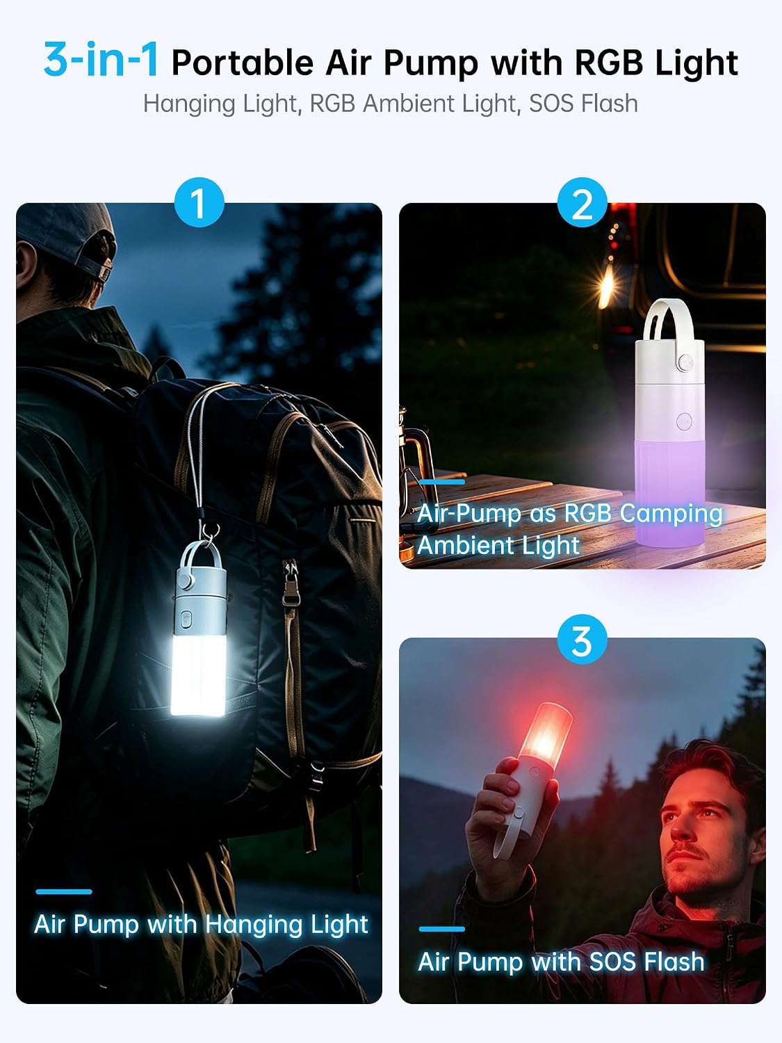 Portable Air Pump for Inflatables, 2000 mAh Battery & RGB Camping Light