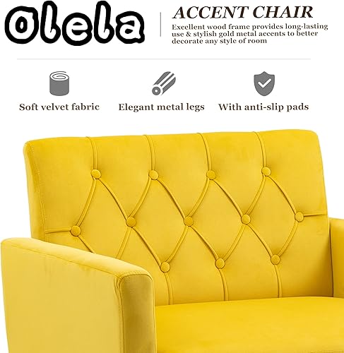 Miniatura 4 de Olela Juego de 2 sillas decorativas, sofá individual de terciopelo, sillas de lectura laterales tapizadas modernas con brazo y patas de metal dorado