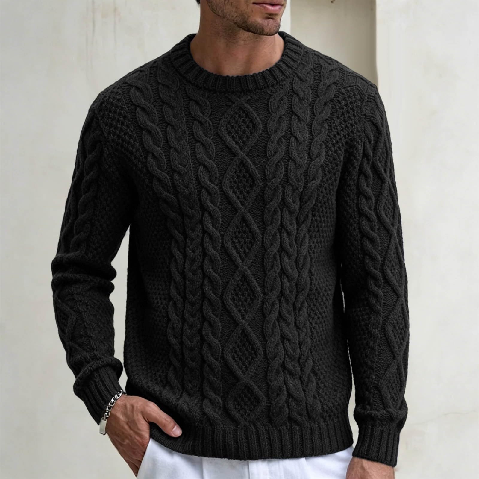 Generisch Maglione da uomo a righe jacquard, a maniche lunghe, invernale, scollo rotondo, casual, sottile, da lavoro, comodo maglione invernale