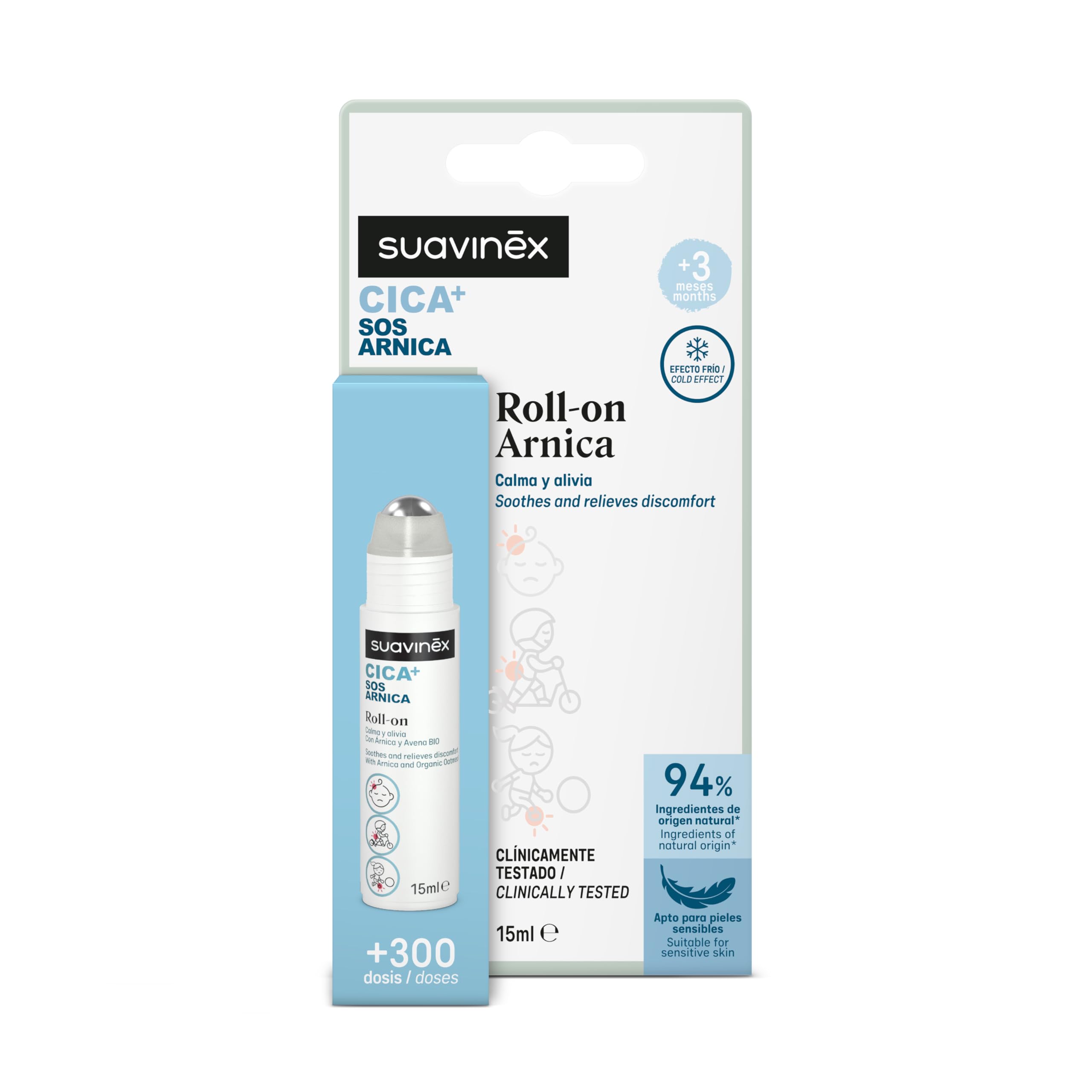 Suavinex, CICA Árnica Roll On, Calma y Alivia Rojeces y Golpes Leves, Apto Pieles Sensibles y Bebés +3 Meses, Sin Alcohol, Clínicamente Testado, 94% Ingredientes Origen Natural, 15 ml, +300 Dosis — view 2