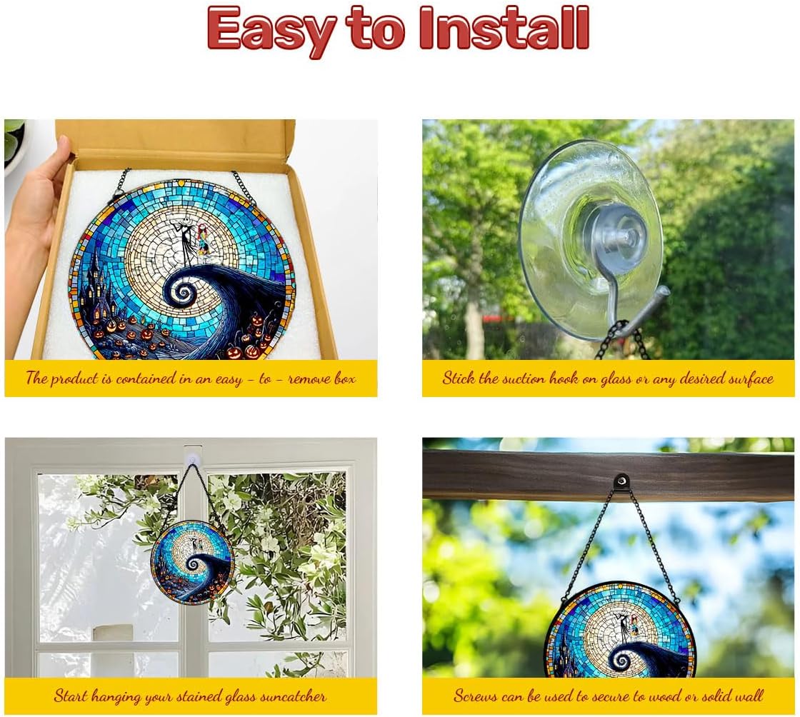 GENANY Spooky Stained Glass Window Hanging, Spring Sun Catcher with Metal Chain and Hook, Romantic Gifts for Women Friends Family, Garden Decor, Housewarming Gifts, Outdoor Decor