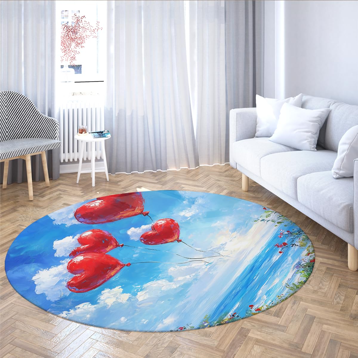 Romantyczne niebo oceaniczne czerwone balony w kształcie serca, okrągły dywan 120 cm (okrągły), kolorowe kwiaty, z nadrukiem, antypoślizgowy, do salonu i sypialni