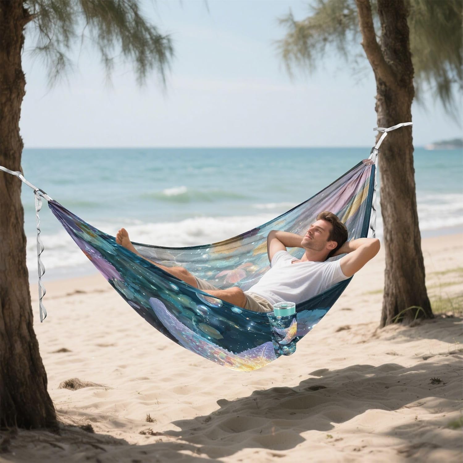 ALAZA Rainbow Starfish Flowers Camping Hammocks Single or 2 Person 500 lbs Portable Parachute Travel Hammock w/Tree Straps for Hiking Backpacking Indoor Outdoor