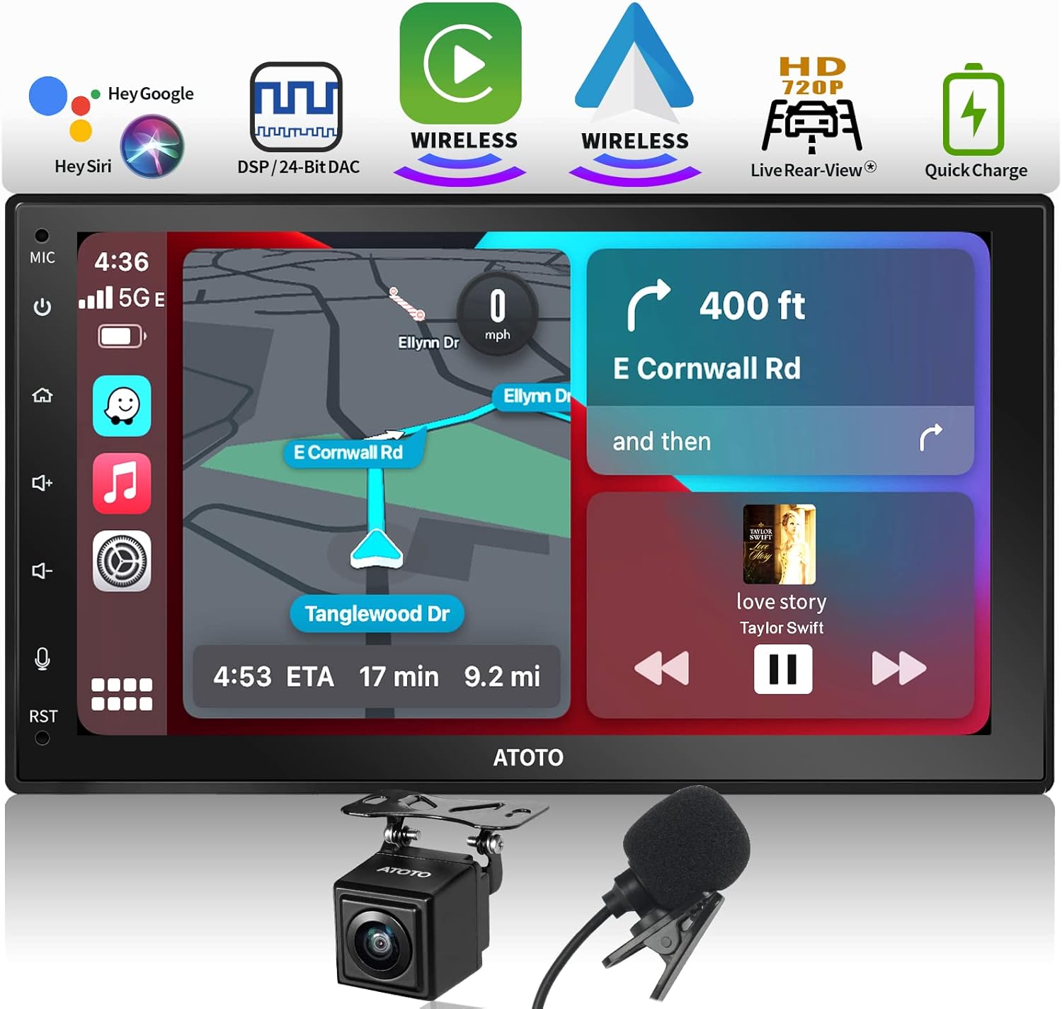 ATOTO 7 Pulgadas HD Pantalla táctil Medios Digitales, Radio 2 DIN con CarPlay inalámbrico, Android Auto inalámbrico, Bluetooth, LRV HD con cámara de Seguridad, micrófono, Carga rápida, F7G2B7WES01