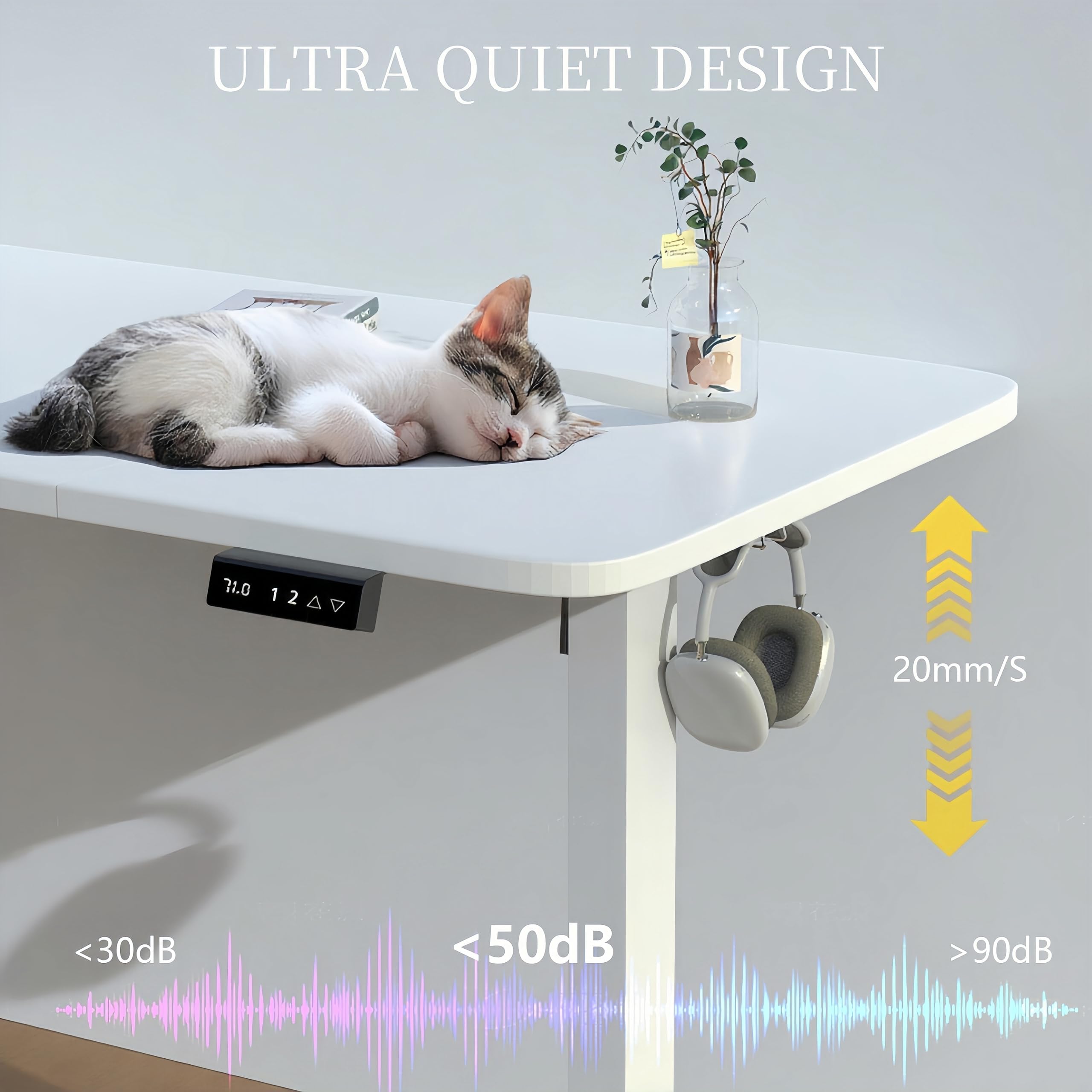 Höhenverstellbarer Schreibtisch 160x75cm,Elektrisch Gaming Tisch mit Lichtleiste,USB,Tasche und Haken,2 Memory Funktion,Ergonomischer Elektrischer Stehschreibtisch für Homeoffice lernbüro,Weiß