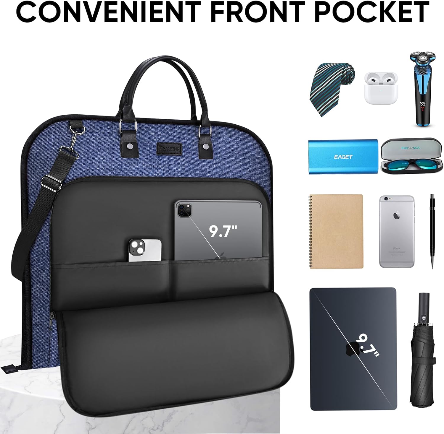 BALEINE Travel Garment Bag, Travel Suit Bag for Men, 42'' Waterproof Carry on Garment Bag for Hanging Clothes, Garment Duffel Bag for Travel Business (Blue) - Image 3