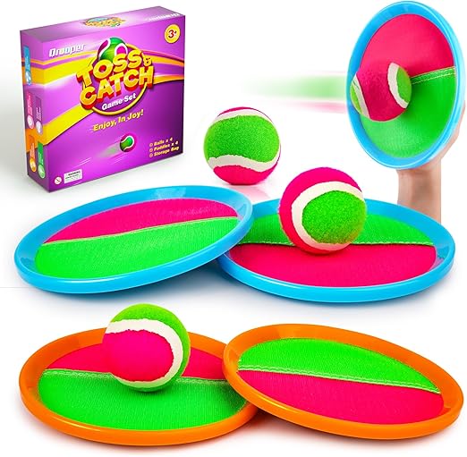 Kids Outdoor Toys - Toss and Catch Game Set, Outside Yard Camping Beach Pool Toys Games for Boys Girls 3 4 5 6 7 8 9 10 Year Old, 4 Paddles 4 Balls (Blue+Orange)