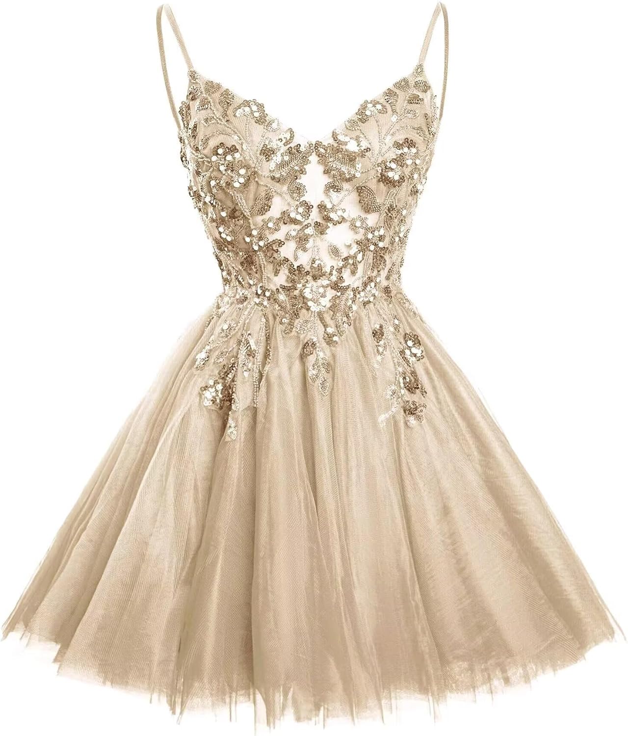 Spaghetti Straps Homecoming Dresses for Teens Tulle Formal Ball Gown Mini Sparkly Sequins V Neck Cocktail Dress