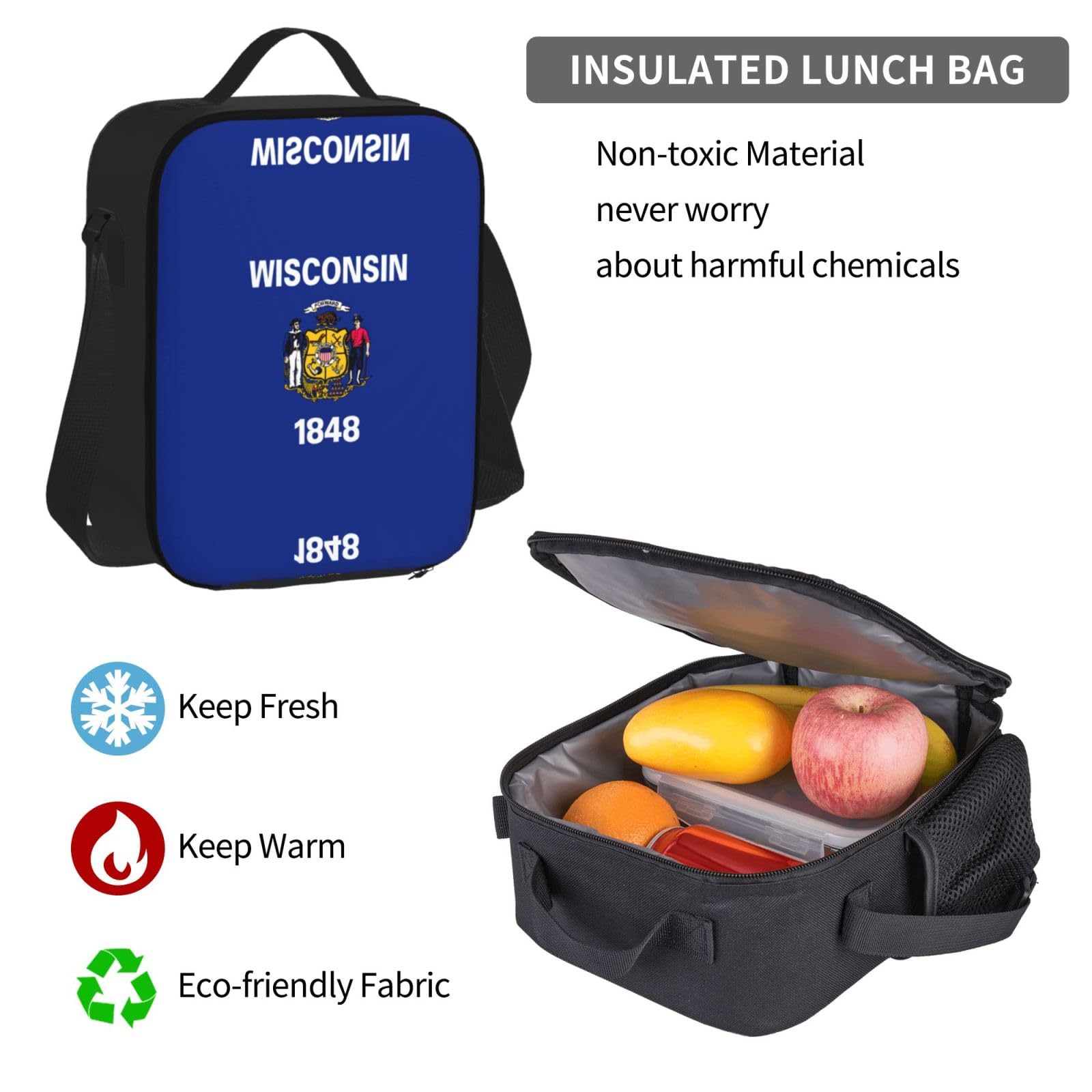Flaga stanu Wisconsin plecak dziecko chłopcy dziewczęta pudełko na lunch szkoła torba zestaw uczniów szkoły student prezent, Czarny, One Size, Bagaż
