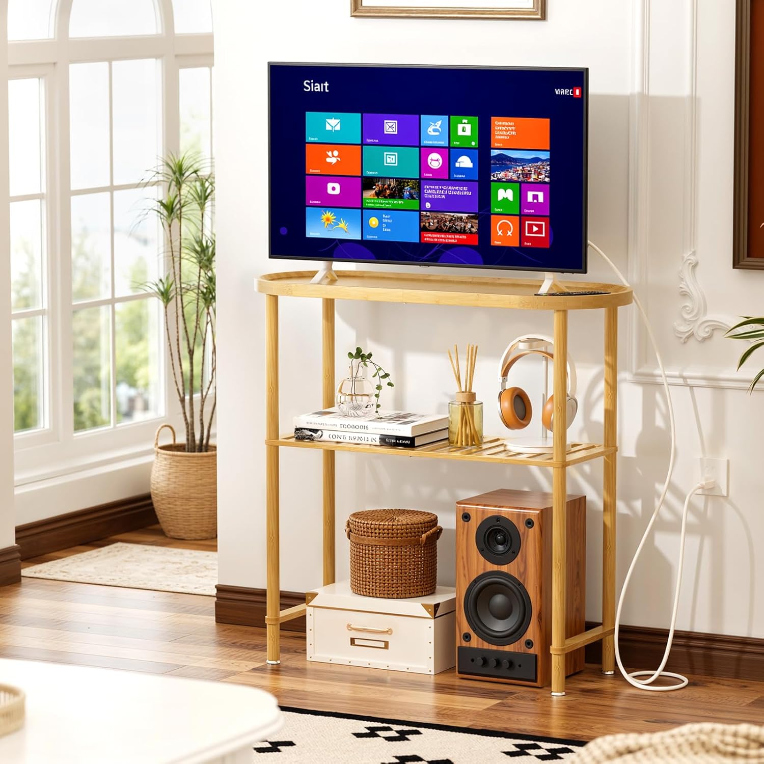 Small Entryway Table Bamboo 30.7", Narrow Hallway Table Oval Top 2-tier, Slim Console Table with Anti-fall Edge, Sofa Side Table 5min Easy Assembly, Small TV Stand for Bedroom, Indoor Plant Stand