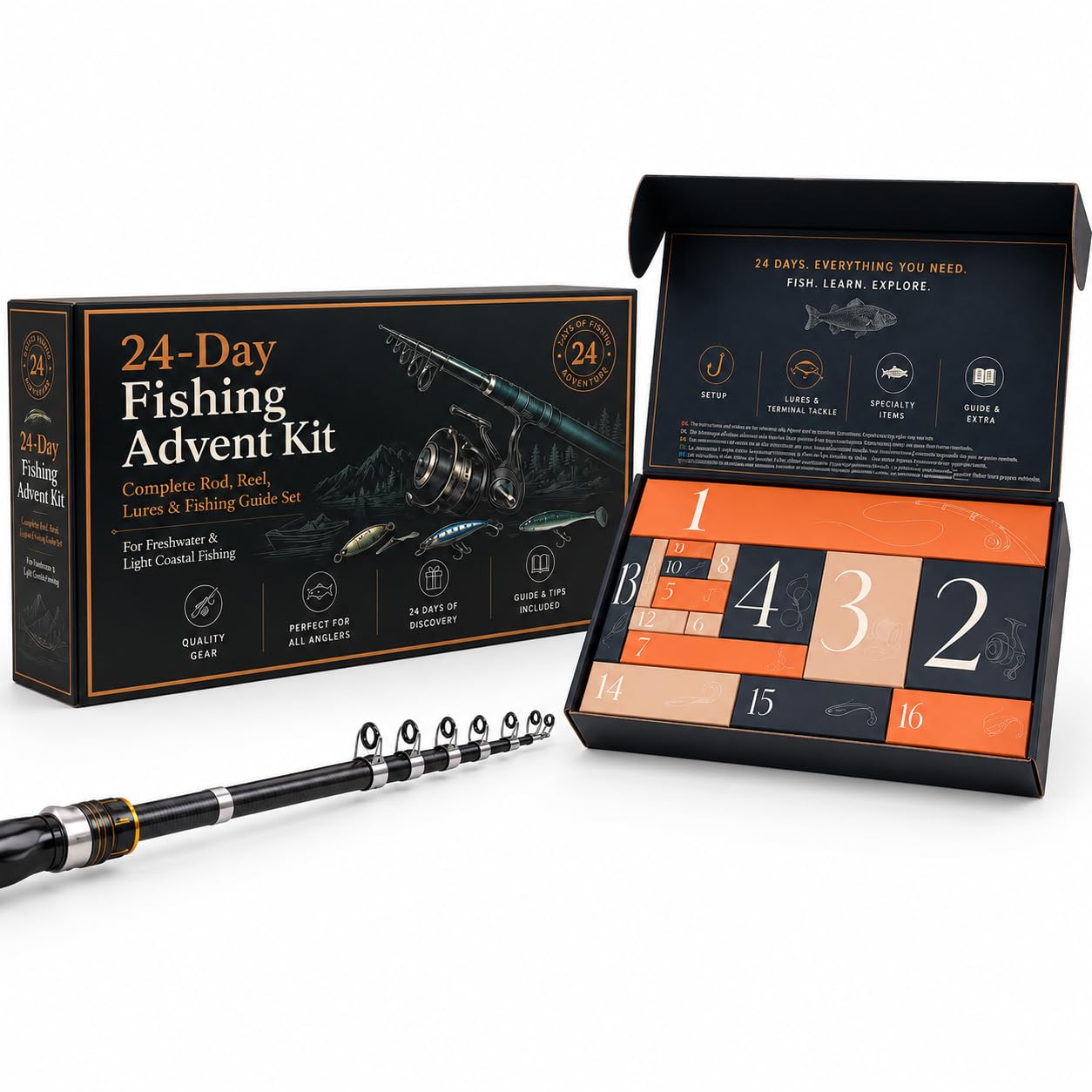 Calendario Avvento Pesca 2026 Uomo, Kit Pesca con Canna Mulinello Accessori | 24 giorni di pesca con attrezzatura completa, accessori e video guida – ideale per principianti, ragazzi e appassionati