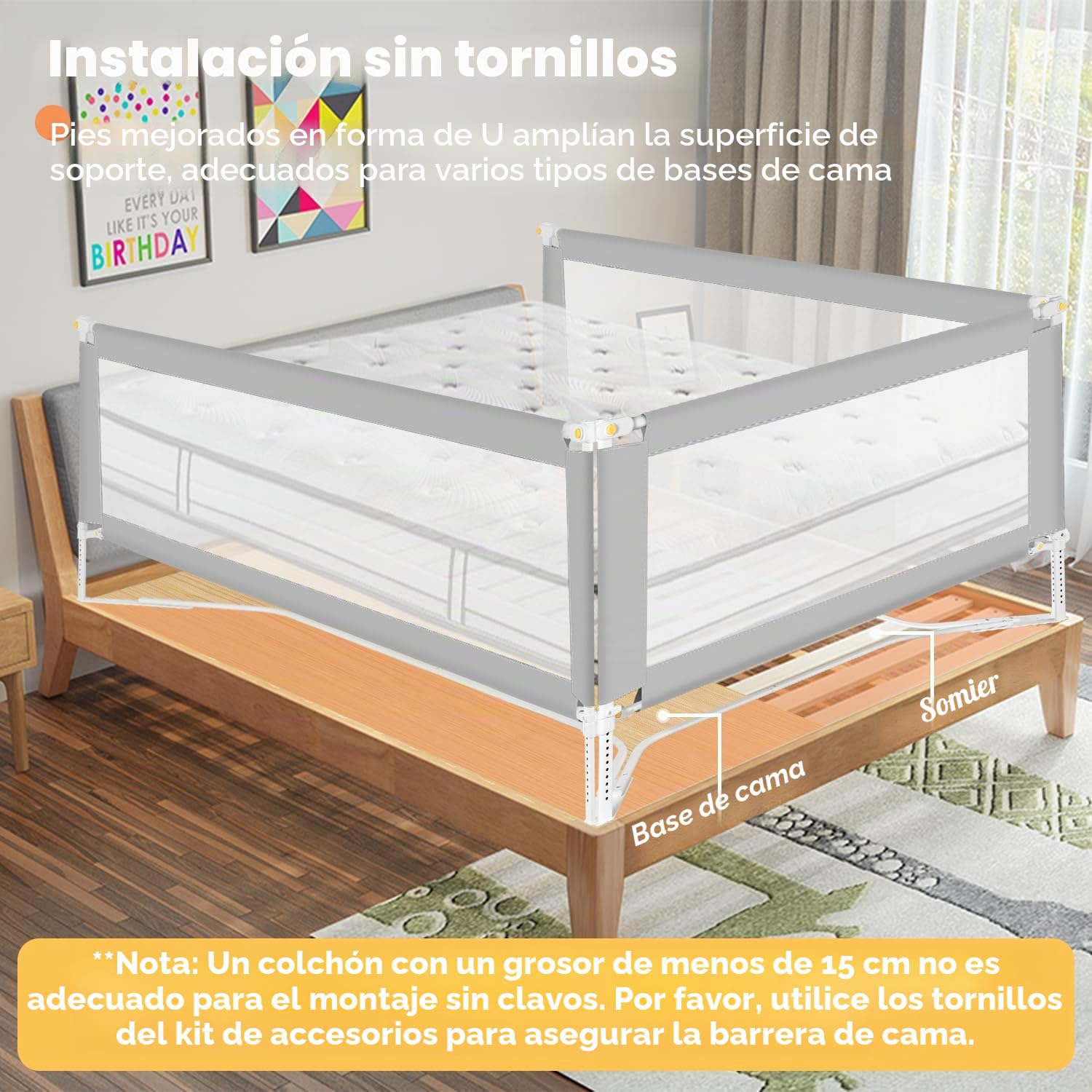 Ikodm Barrera de cama 150 cm x 1 + 200 cm x 1, barrera de cama plegable con base en forma de U, barrera de protección para cama infantil, altura regulable 68 – 95 cm para niños y padres
