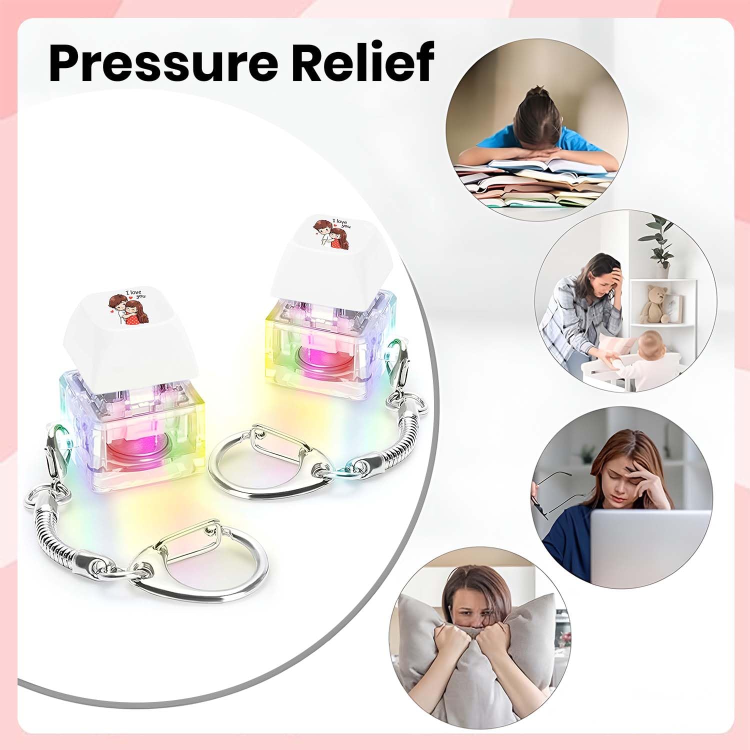 4 in 1 Cute Cartoon Lighting Keyboard Fidget Toys Adults Fidget Keyboard Clicker with LED Light Keychain Sensory Toys for Anxiety Stress Relief (2 PC Cute Couple) 3