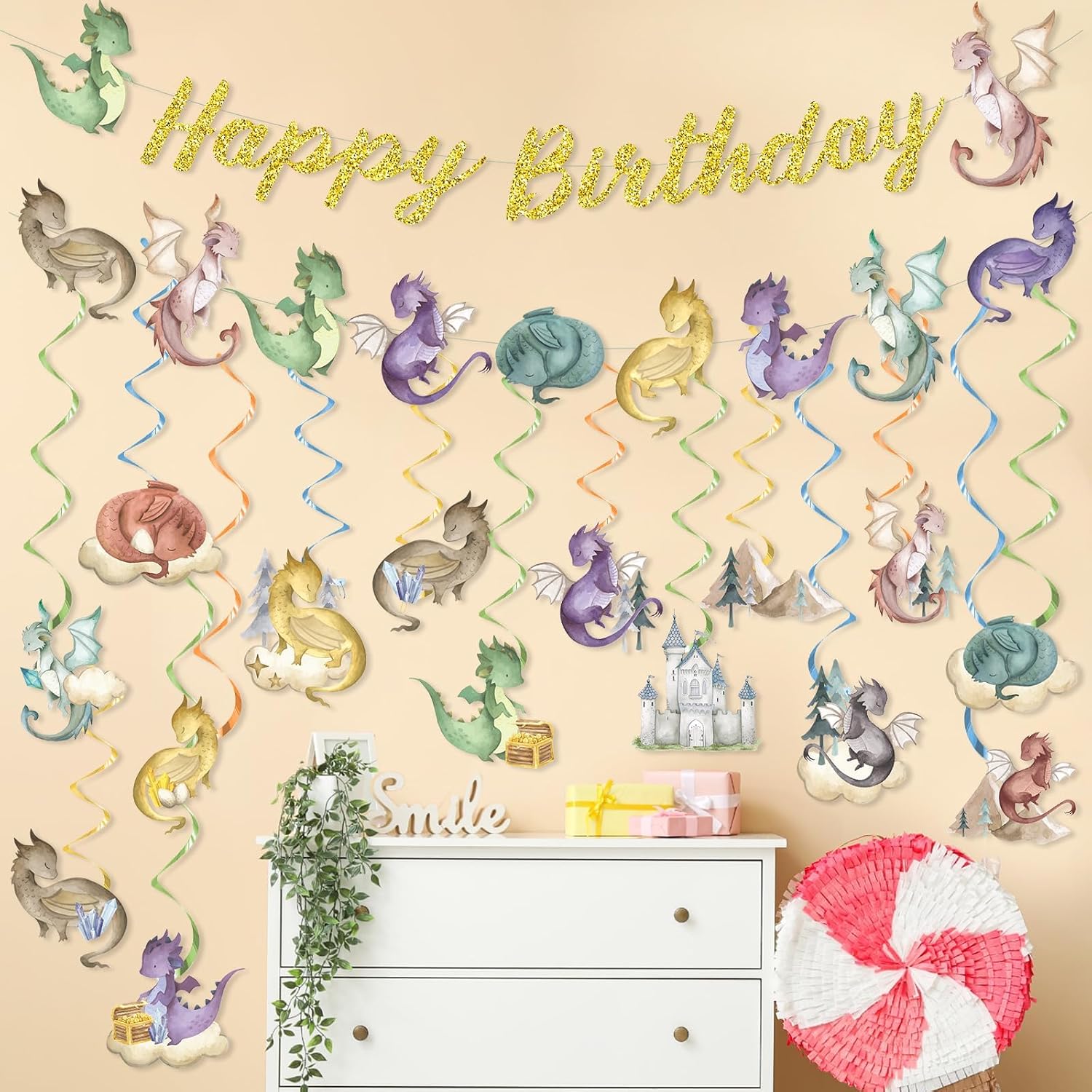 32Pcs Dragon Birthday Party Decorations Watercolor Magic Dragon Banner Hanging Swirl Fantasy Birthday Party Supplies Dinosaur Baby Shower Cutout Banner for Kids Decor