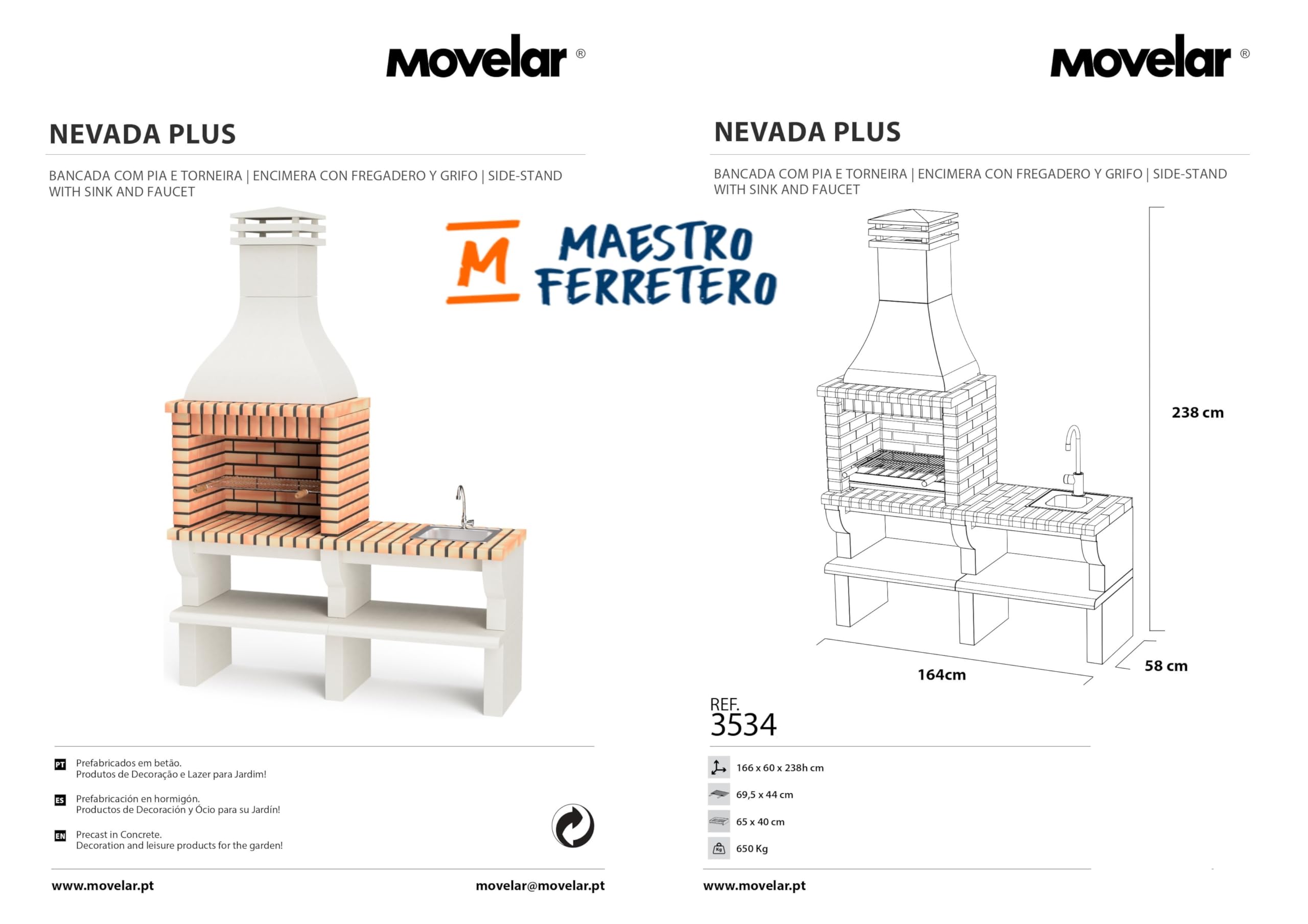 MOVELAR - Barbacoa de Obra Prefabricada de Leña y Carbón Modelo Nevada Plus XL con Soporte Lateral y Fregadero (Gris, Naranja - 166 x 60 x 238 cm) REF: 3534 - Cocina de Exterior para Jardín o Patio
