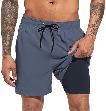 Mens Swim Trunks Quick Dry Beach Shorts with Compression Liner Swimming Shorts with Zipper Pockets