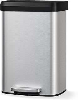 Garvee 13 gal / 50 L Stainless Steel Trash Can with Lid, Large Garbage Can for Kitchen, Rustproof Step-on Kitchen Metal Trash Bin with Liner Rim, Rear Handle, Soft Close Plastic Lid, Silver