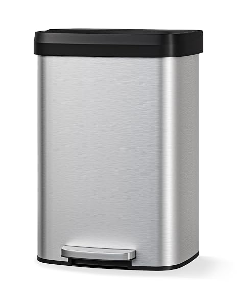 Garvee 13 gal / 50 L Stainless Steel Trash Can with Lid, Large Garbage Can for Kitchen, Rustproof Step-on Kitchen Metal Trash Bin with Liner Rim, Rear Handle, Soft Close Plastic Lid, Silver