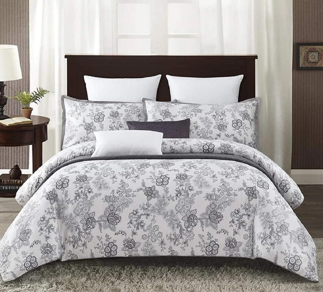 Royal Tradition 100% Cotton Duvet Cover Set (Queen Size) White Lotus Printed 7pc Soft Bedding Set