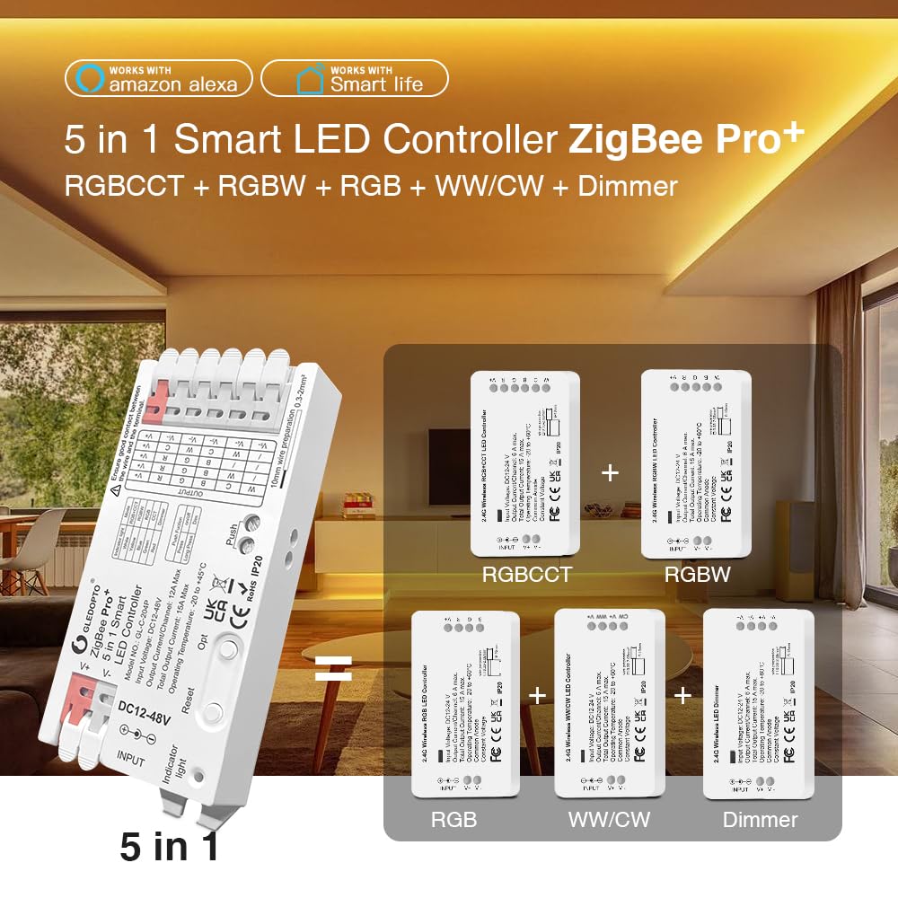GLEDOPTO Contrôleur LED ZigBee3.0 Pro 5 Modes en 1 RGBCCT RGBW RGB CCT Dimmer DC 12-48V 15A Max PWM Dimming LED Strip Alexa Tuya