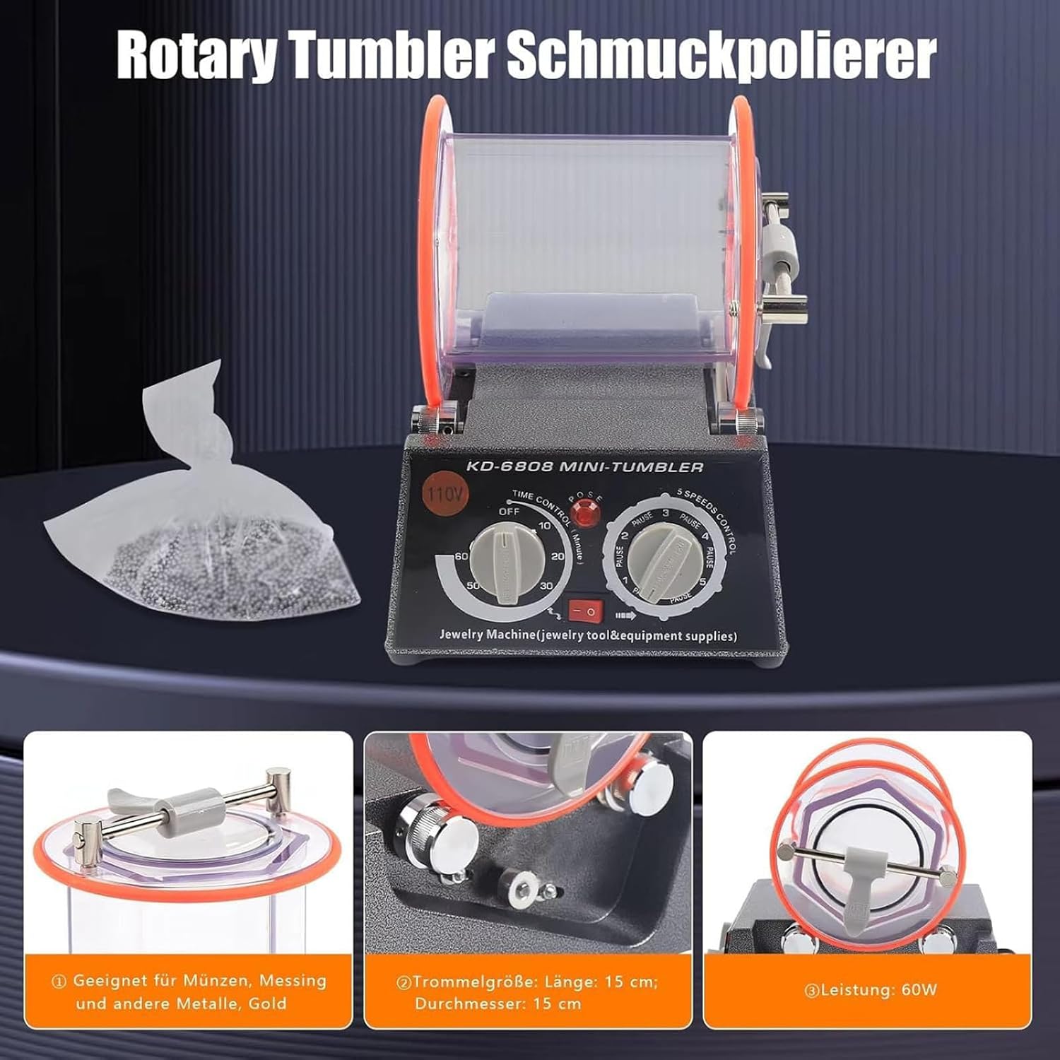 Jewelry Roller Polishing Machine, Jewelry Polishing Tool with Accessories, Five-speed Adjustment, Timing, Forward and Reverse Control, Good Sealing, Suitable for Gold and Silver Jewelry