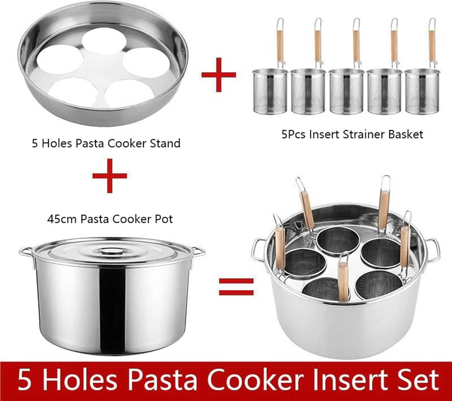 5 Holes Pasta Cooker Pasta Makers Cooking Tool, Stainless Steel Pasta Cooker Pot with 5 Insert Strainer Basket for Home Kitchen Restaurant (Silver)