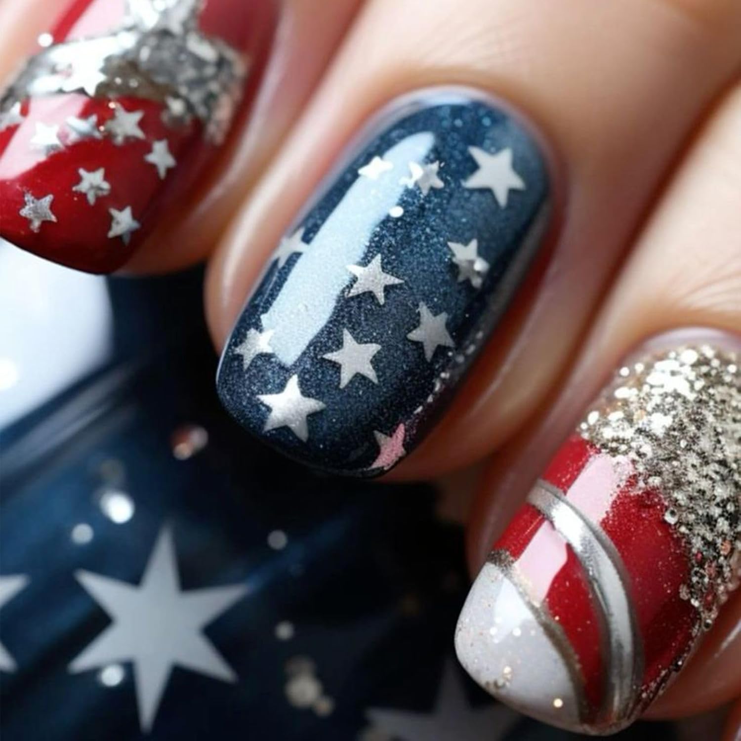 Independence Press on Nails - Short Square Red Blue Stars