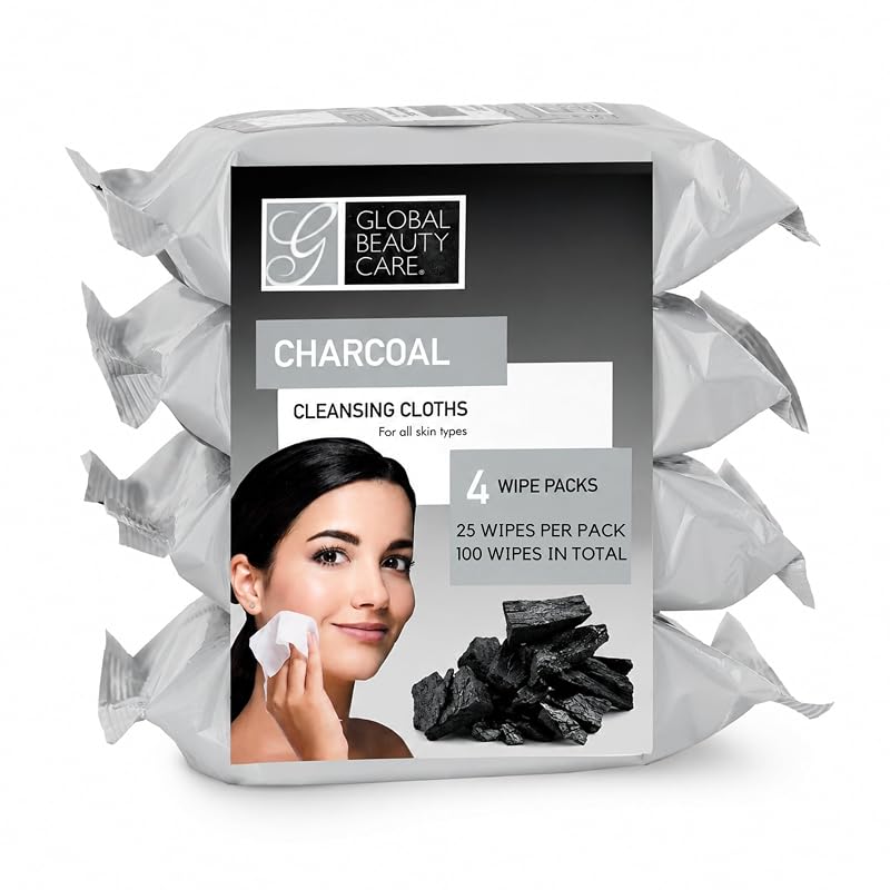 Global Beauty Care Lenços de Limpeza Facial com Carvão para Remoção de Maquiagem, Pacote com 4