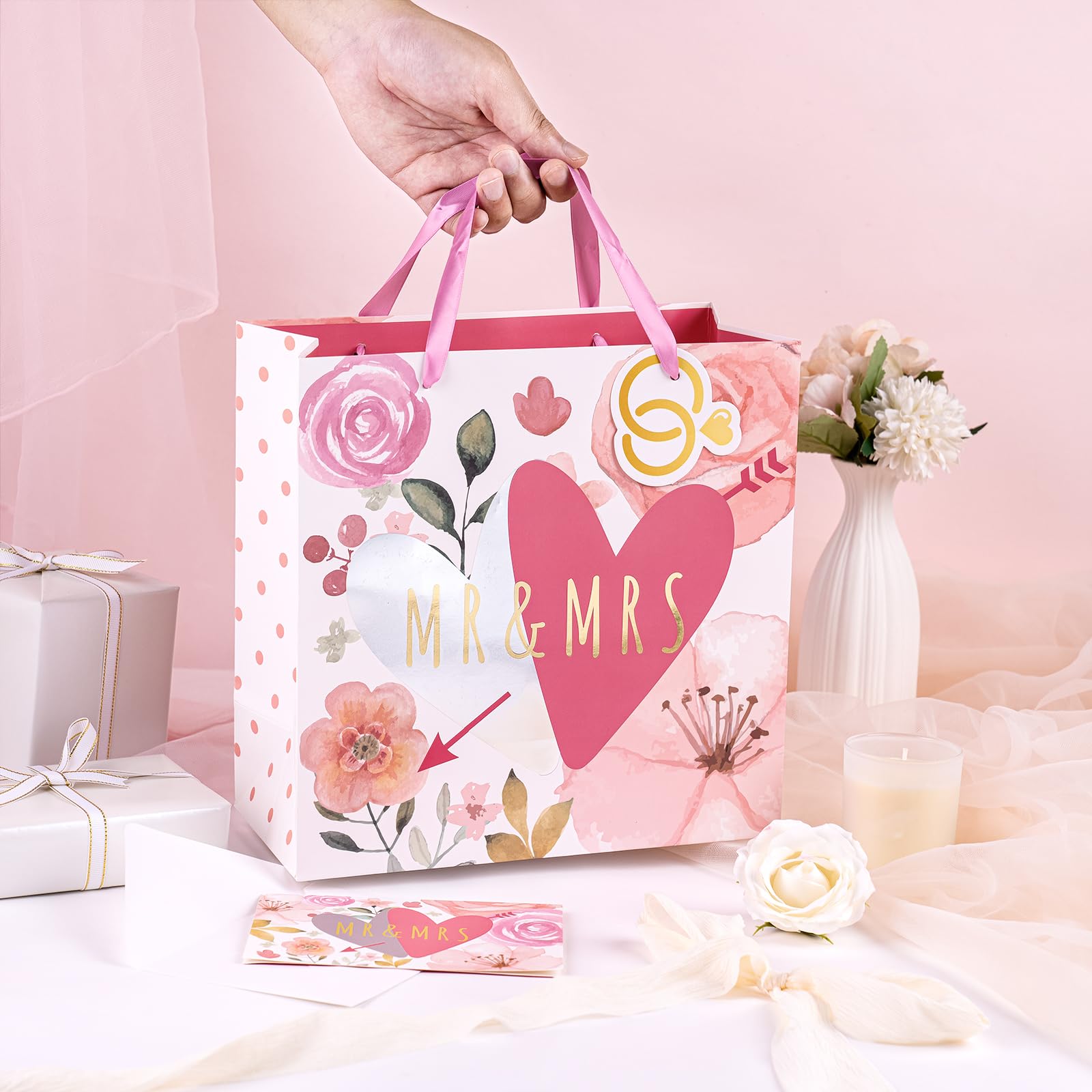 WRAPAHOLIC 10.5" Medium Gift Bags with Card and Tissue Paper - Mr & Mrs Design for Weddings, Engagements, Bridal Showers, Anniversary, Gift Wrap